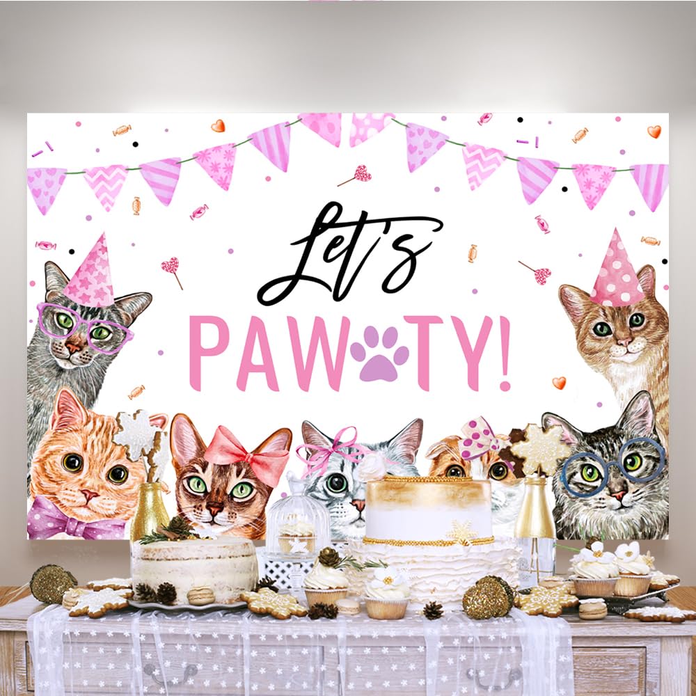Lofaris Fotohintergrund 'Let's Paw-ty' Für Katzenliebhaber – 1,5x0,9m Pinke Kitty-Geburtstagsdekoration Mit Pfotenabdrücken