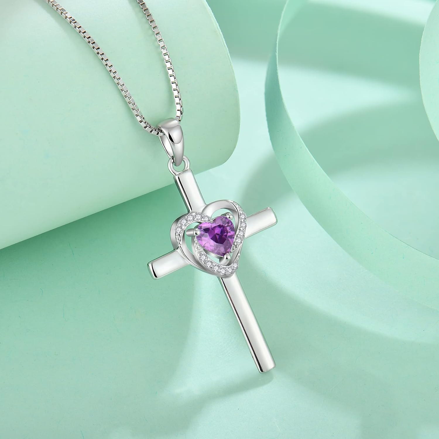 Cross Necklace for Women 925 Sterling Silver Heart Cross Necklace Birthstone Created Gemstone Pendant Jewelry Gifts for Women - Image 4