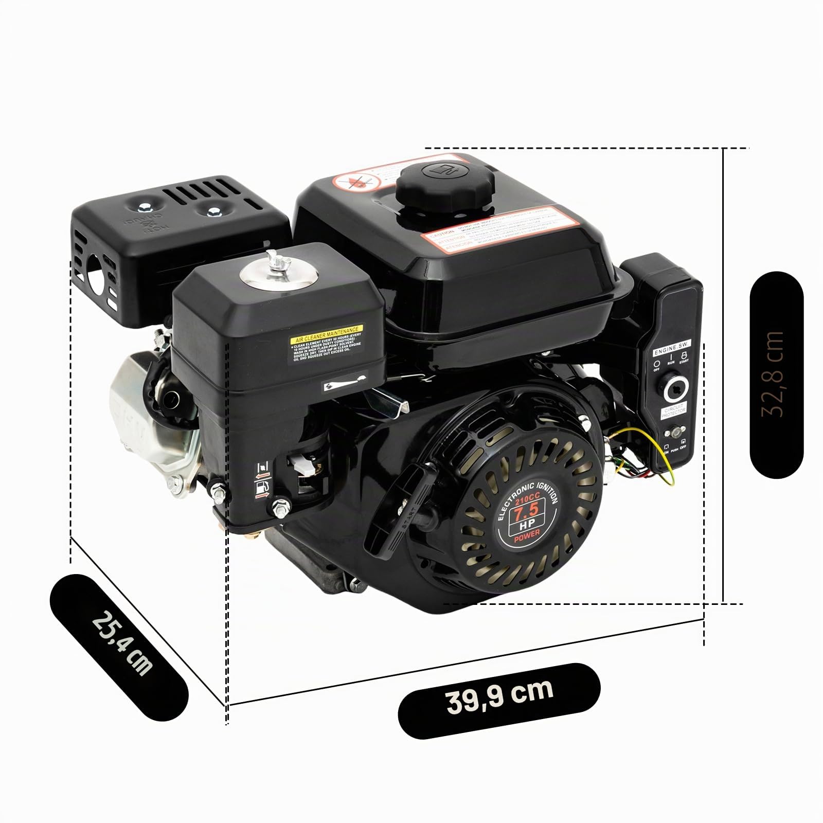 Motore a benzina da 7,5 CV, 4 tempi con avviamento elettrico | Motore industriale OHV da 210cc (3600 giri/min, 10,8Nm di coppia) per idropulitrici/generatori - Raffreddato ad aria e sistema di