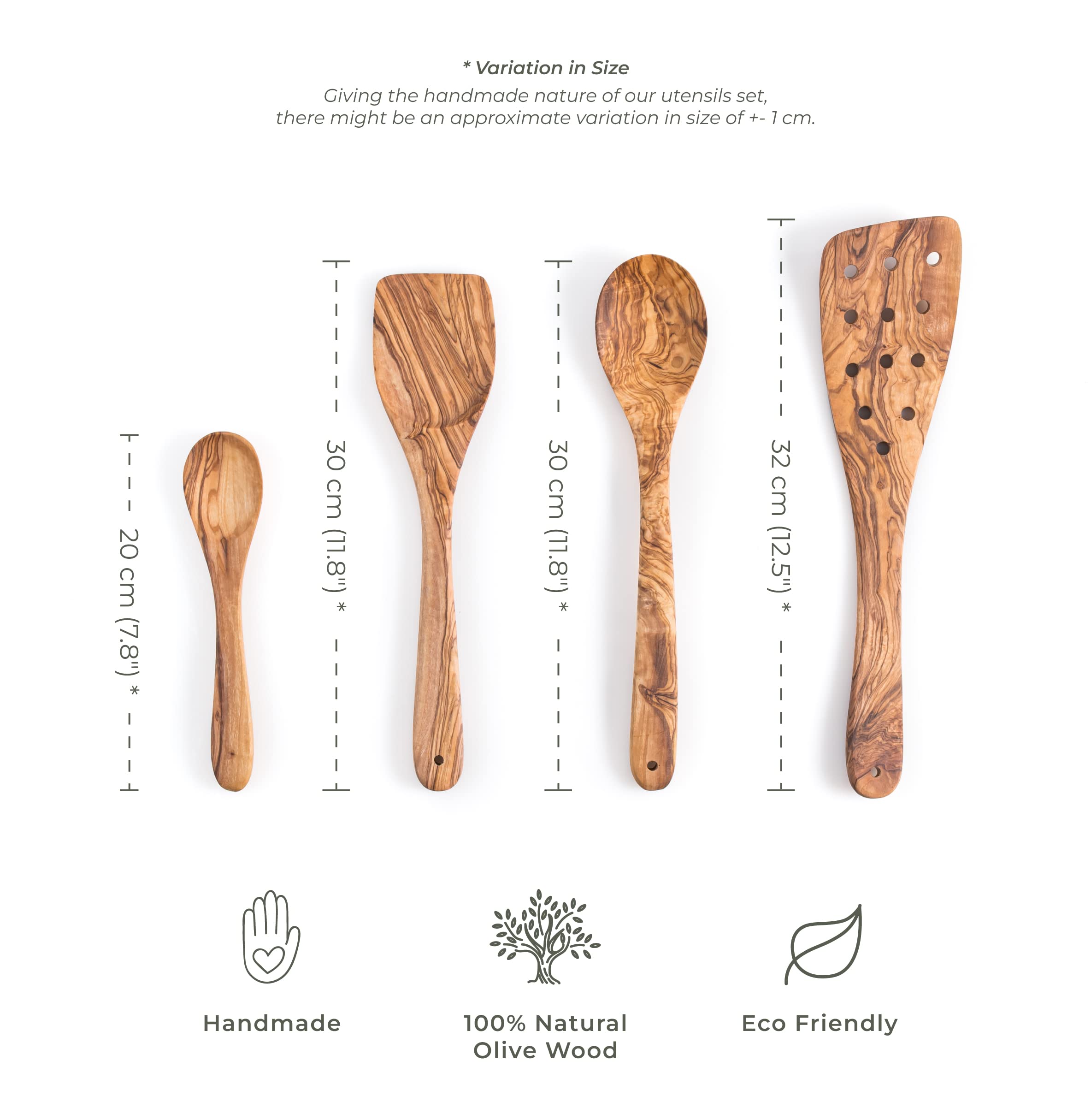 Set de 3 cucharas de cocina de madera de olivo Darido con cuchara extra pequeña - 30 cm - hecho a mano - resistente al calor - Utensilios - cuchara, espátula, espátula ranurada y cuchara pequeña