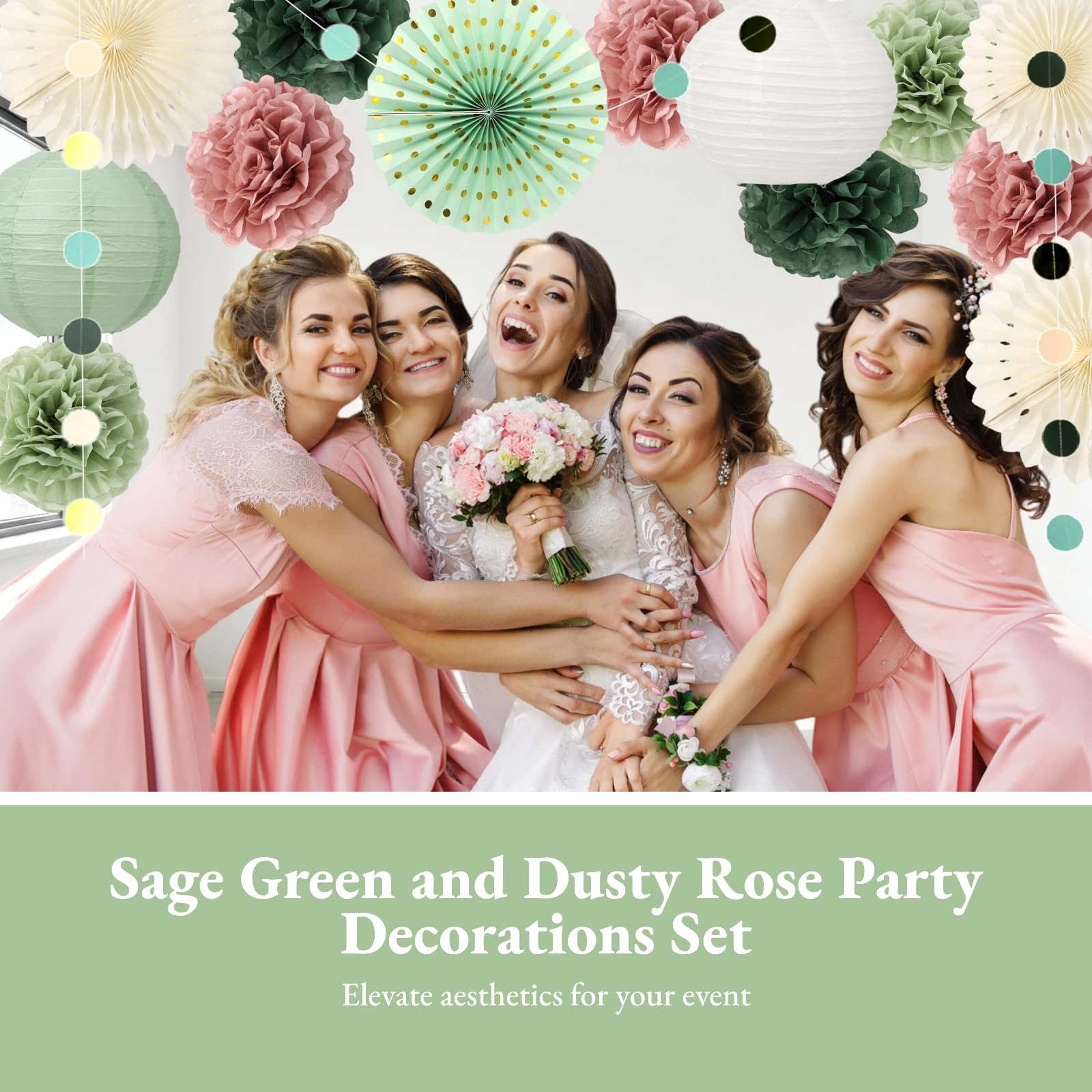 Party Deko Set in Salbeigrün und Altrosa, Papierlaternen, Hängefächer, Papierpompons und Girlande, für Geburtstag, Brautparty, Feiern und Hochzeit, für Frauen und Mädchen