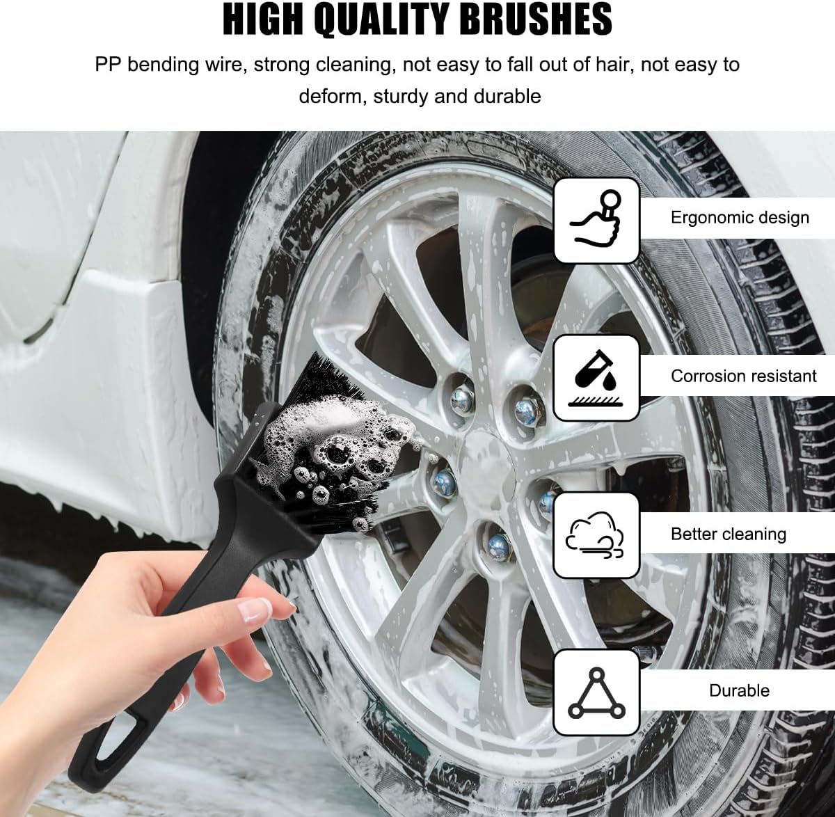 Car Carpet Cleaning Brush, 8.5-Inch Tire Cleaner Scrub Brushes with Stiff Bristles, Wheel Hub Scrub Brush Exterior Washing Supplies for Sedan SUV Truck, Car Accessories (Black)
