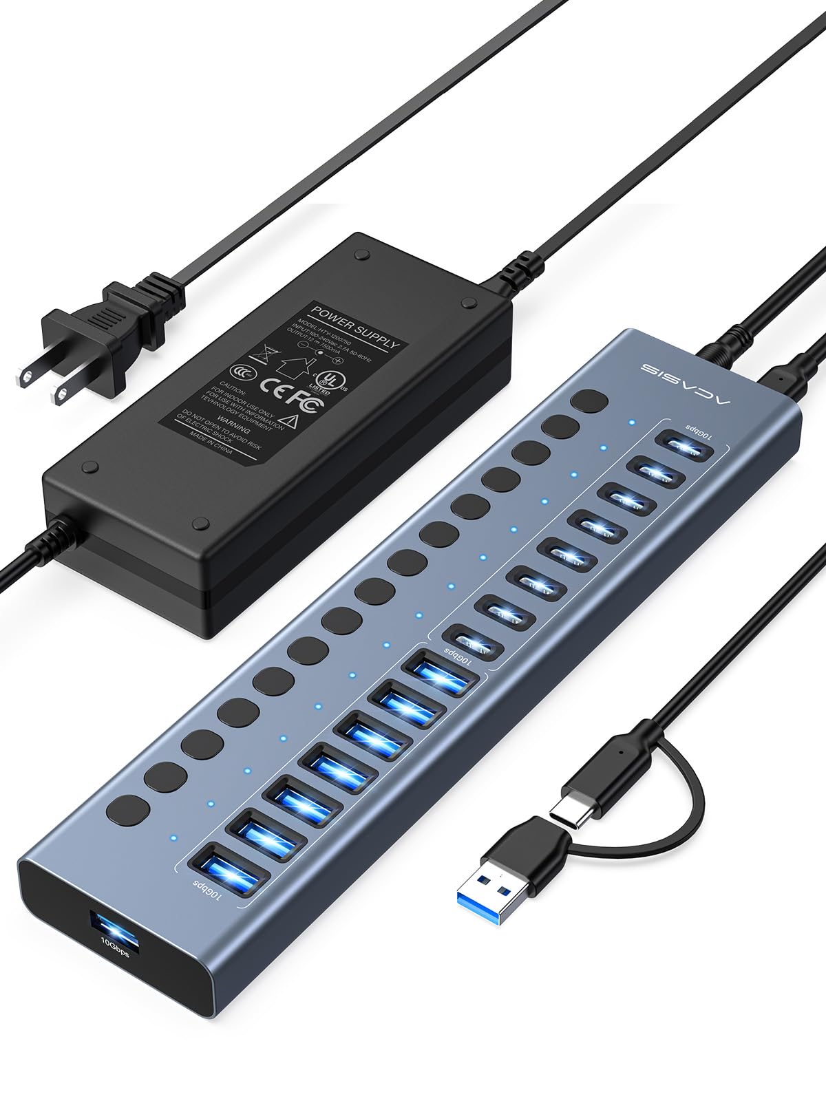 ACASIS Hub USB 3.2 avec 16 ports (8 ports USB-A 3.2 + 8 ports USB-C 3.2), hub USB en aluminium, alimenté par un adaptateur secteur de 96 W, hub USB pour PC/ordinateur portable, ordinateur, clé USB