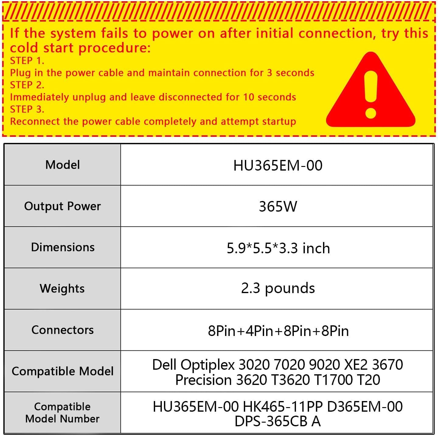 HU365EM-00 HK465-11PP 365W Power Supply Compatible with Dell Optiplex 3020 7020 9020 XE2 3670 Precision 3620 T3620 T1700 T20 7VK45 T1M43 DPS-365CB A RVTHD D365EM-00