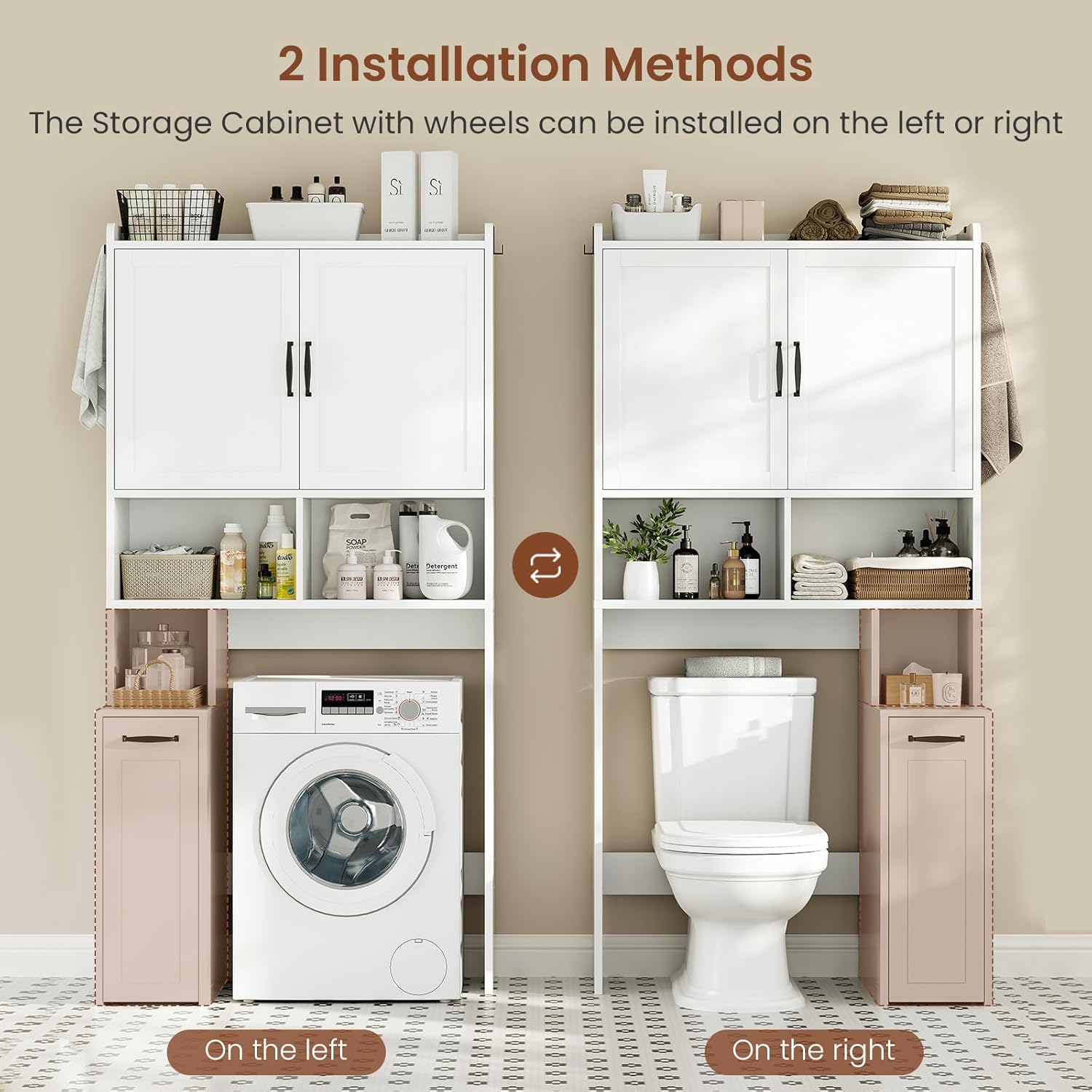 Over The Toilet Storage Cabinet with Rolling Storage Cart, Bathroom Organizers and Storage with Adjustable Shelf & Hooks, Above Toilet Rack for Bathroom, Restroom, Laundry, Save Space, White