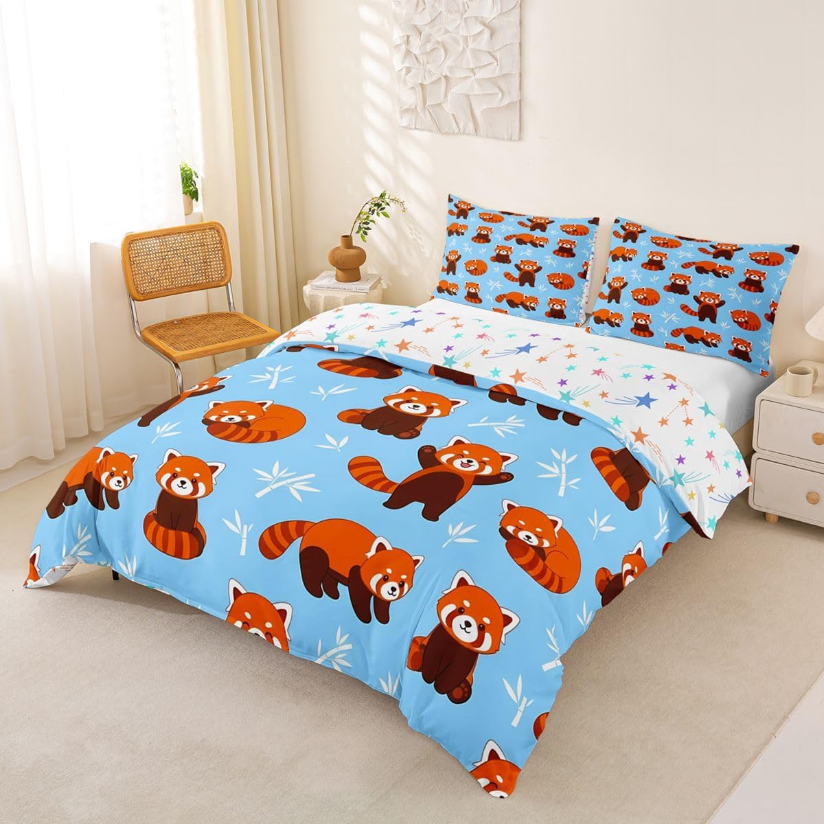 Feelyou Kawaii Red Panda Bedding Set Cute Animal Comforter Cover Kids Toddler Cartoon Pattern Duvet Cover with 1 Pillowcase Boys/Girls Twin Size image 2
