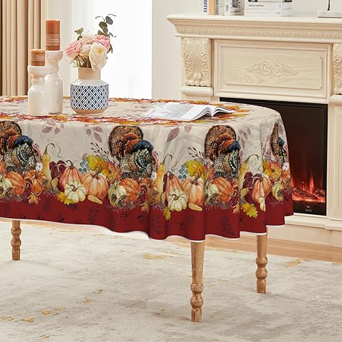 Miniatura 7 de Horaldaily Mantel rectangular de Acción de Gracias, 60 x 104 pulgadas, diseño de pavo y calabaza, otoño, cosecha, vintage, lavable, para fiesta,