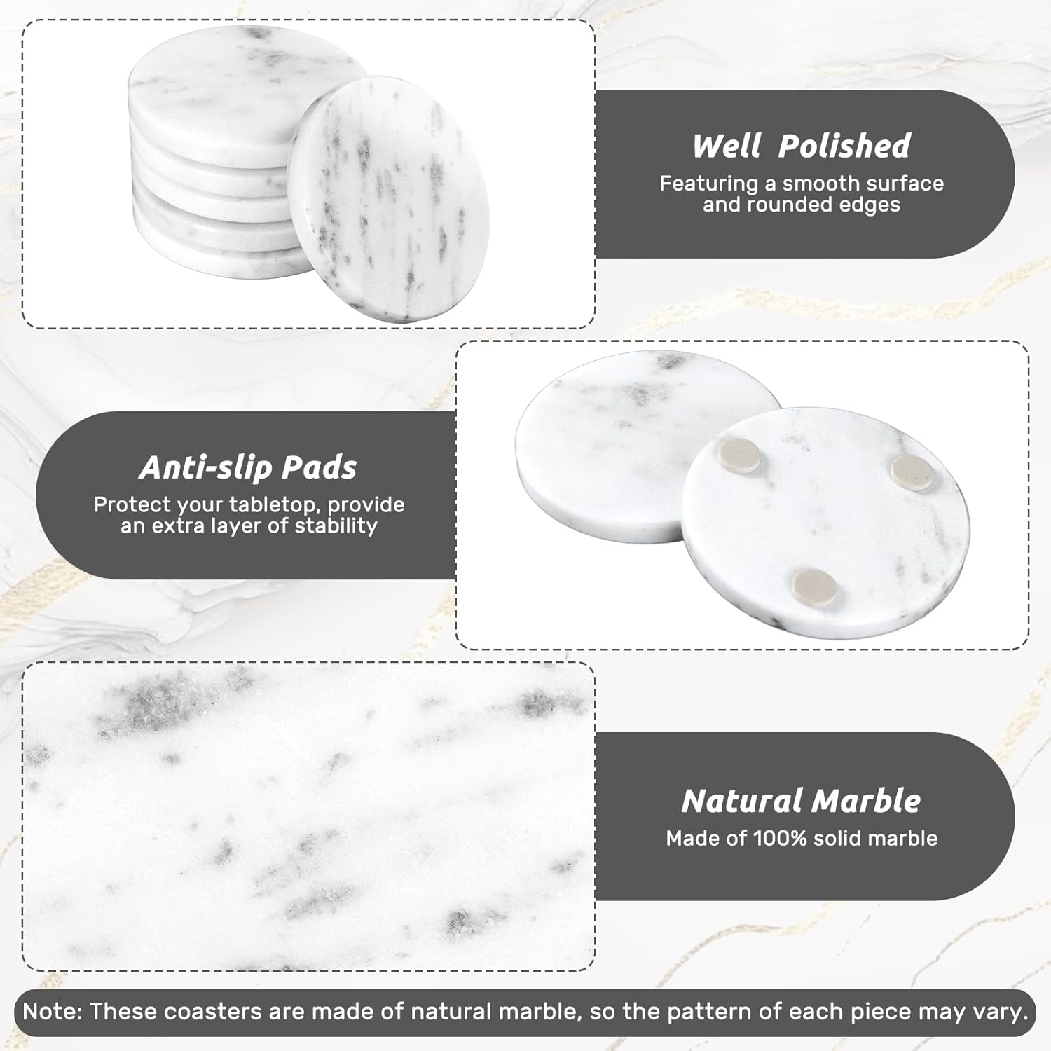 6 Pcs White Marble Coasters Set with Non-Slip Feet 4 Inch Natural Round Stone Drink Coasters Cup Mats for Coffee Tea Beer Wine Elegant Marble Table Decor for Home Kitchen Office Dining