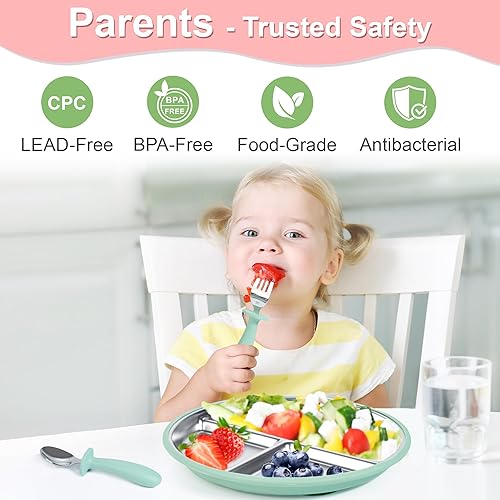 Miniatura 2 de Juego de alimentación para bebés Bella's Friends, paquete de 2 platos divididos de acero inoxidable con succión de silicona, 2 juegos de cucharas y