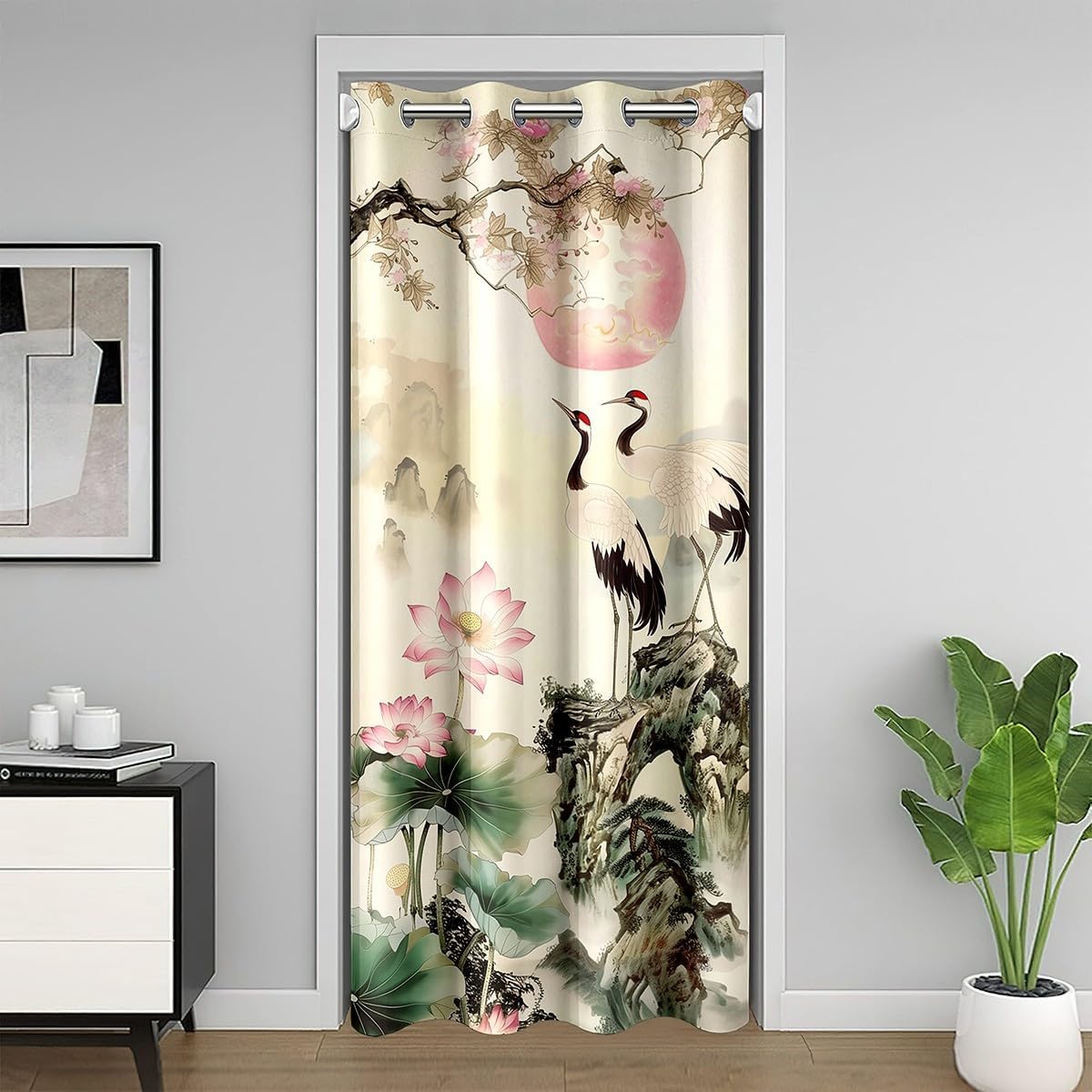 Red Crowned Crane Door Curtain Watercolor Lotus Floral Darkening Blackout Doorway Curtain Chinese Painting Style Closet Curtain Natural Scenery Drape for Bedroom Privacy 1 Panel 42" W X 80" L