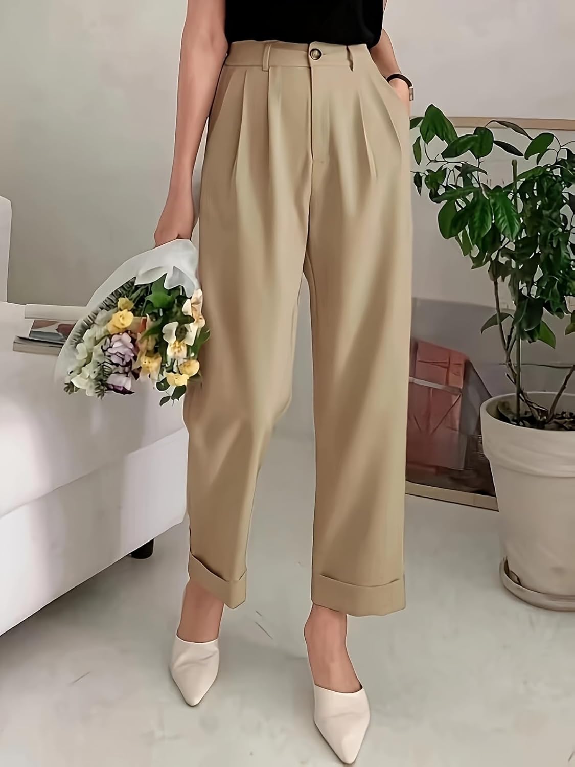 Women's High Waisted Pleated Wide Leg Suit Pants - Business Casual Cropped Trousers with Pockets - Image 7