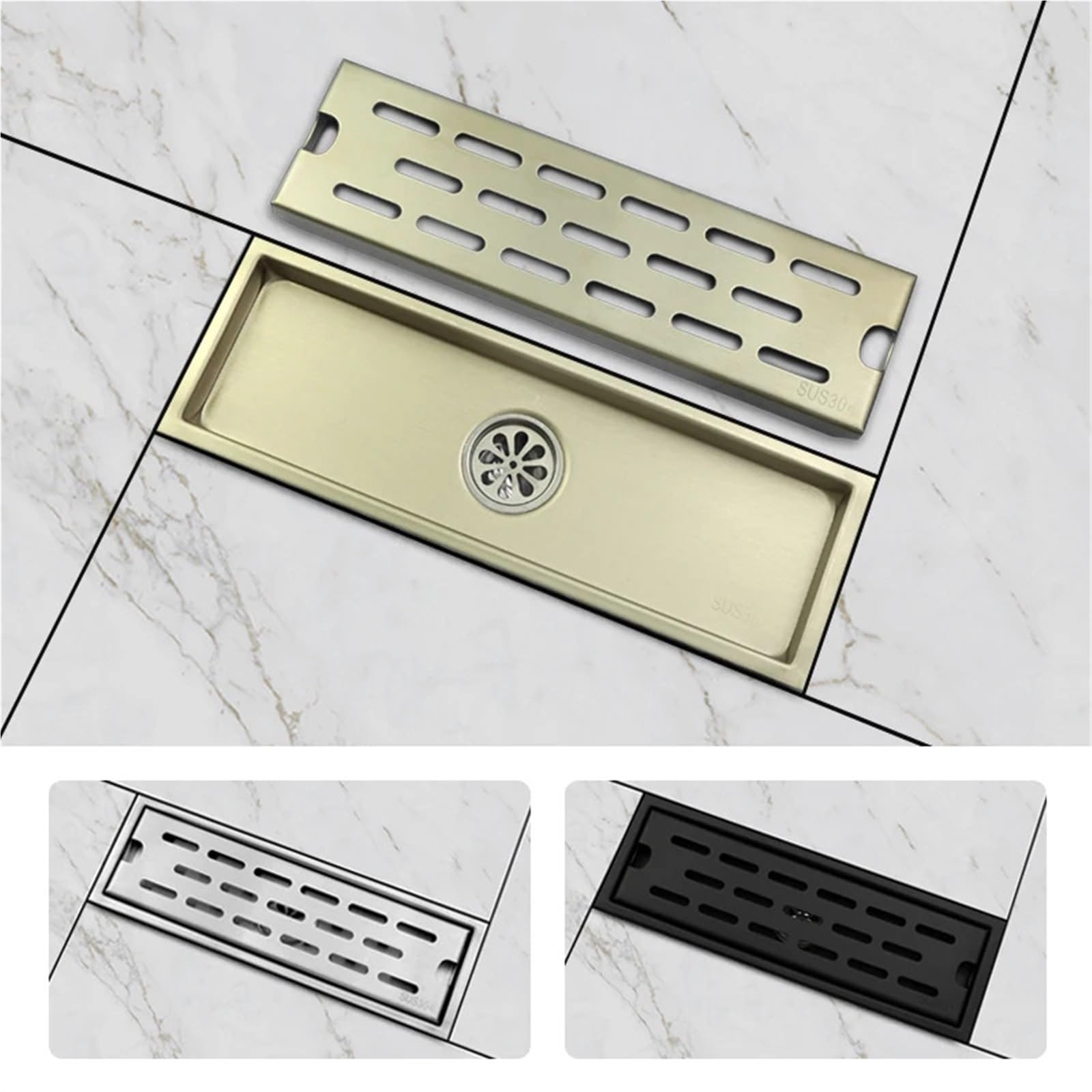 Rejilla Desague Ducha Desagüe de Suelo recogedor Pelo baño Ducha desagüe Cocina Inodoro Rejillas residuos Drenaje Lineal Largo Oro Pulido Negro(Matte Black)