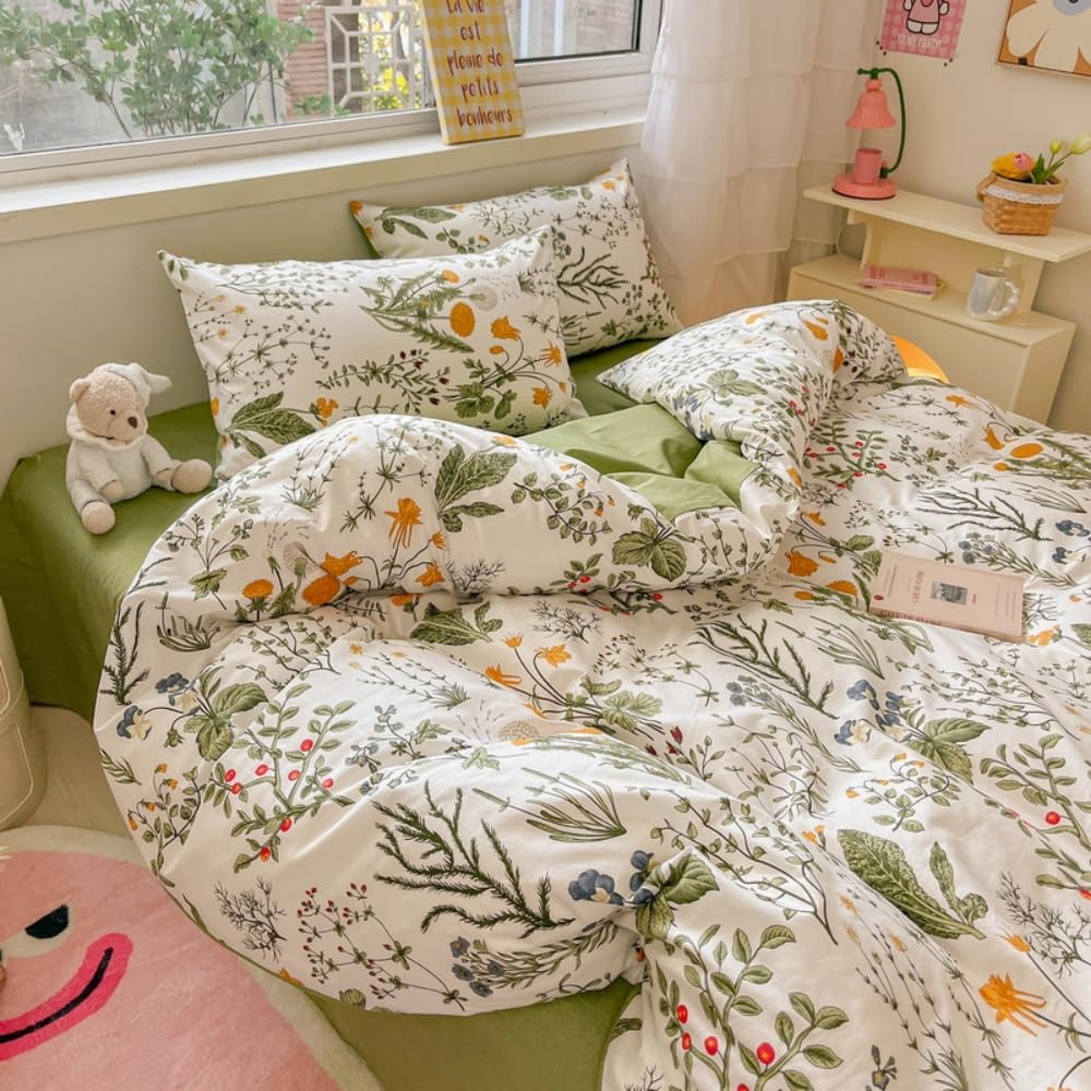 Nyescasa Green Floral Duvet Cover 100% Cotton Single White Green Flowers Leaves Meadow Luxury Breathable Cotton Bedding Set Comforter Cover 135x200 cm with Zipper Closure and 1 Pillowcase 50x75 cm