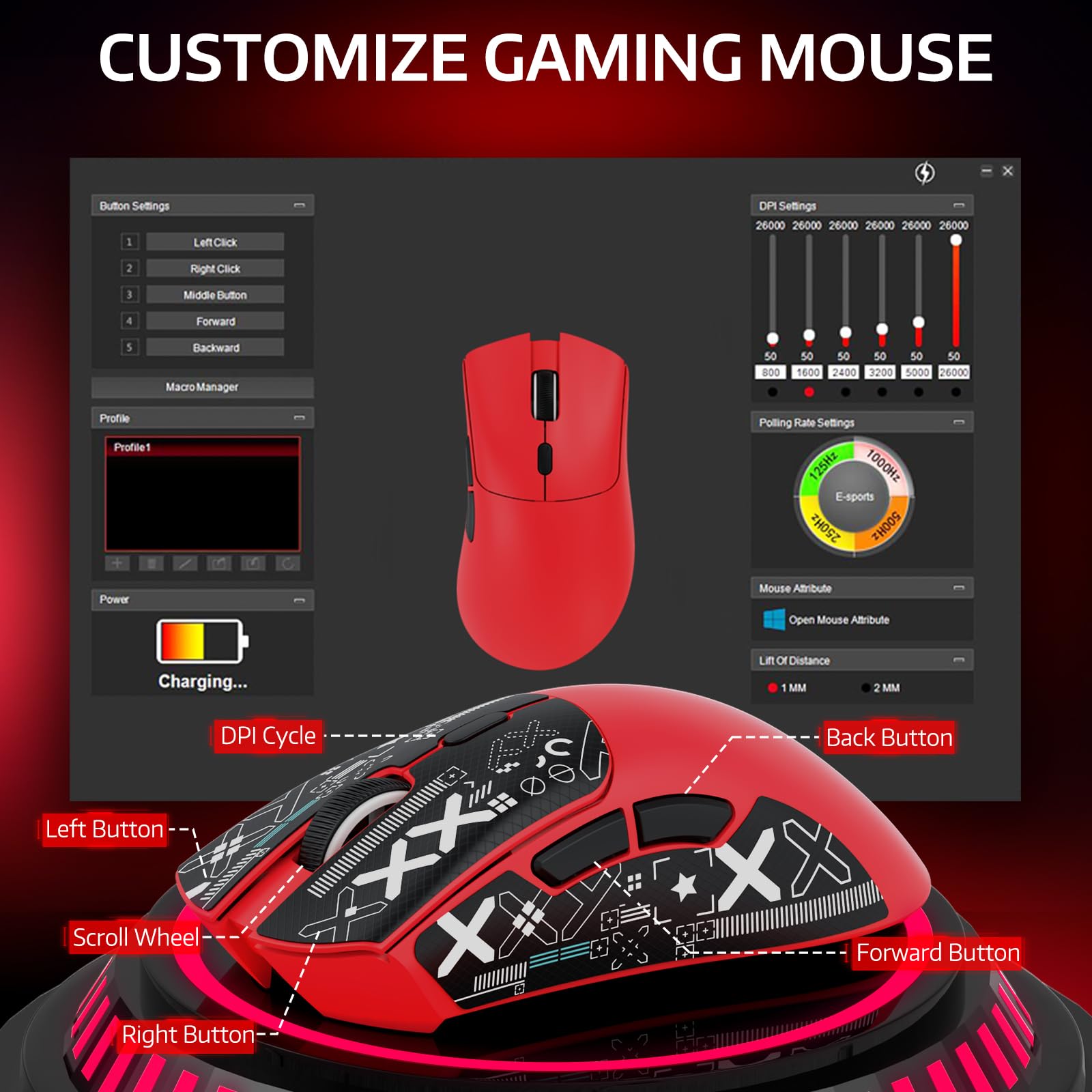 MAMBASNAKE R1 bezprzewodowa mysz do gier 59 g z trzema trybami i antypoślizgowymi naklejkami, łączność 2,4 GHz/Bluetooth/przewodowa,5 programowalnych przycisków,6 regulowanych DPI do 18000-czerwony