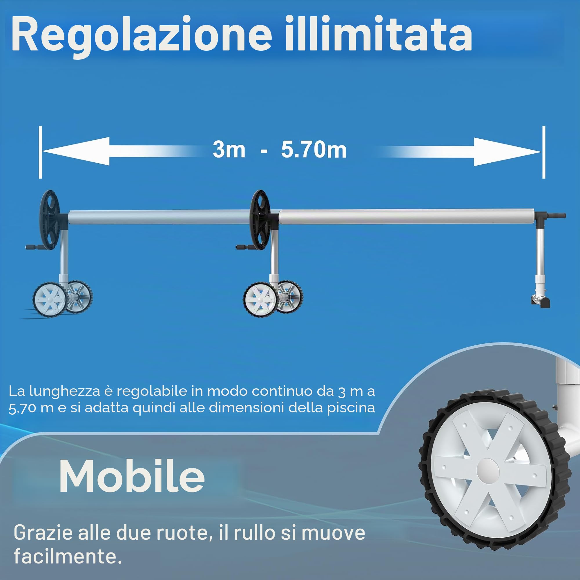 UISEBRT Avvolgitore per Piscina Mobile Avvolgitore per Pellicola di Piscina 3m - 5,70m per Telo di Piscina, Dispositivo di Avvolgimento per Pellicola di Piscina con Fascette di Fissaggio & Ruote