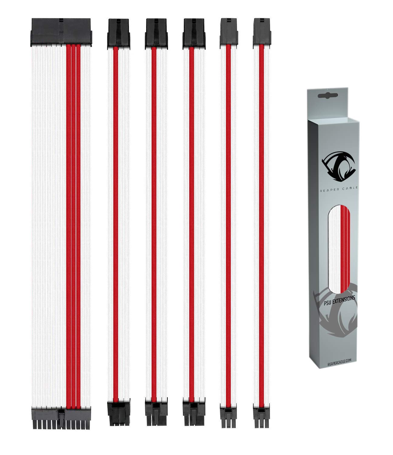 Reaper CableSleeved PSU Extension Set - Power Supply Extensions - 1x 24 Pin/ 2X 8 Pin/ 2X 6 Pin/ 1x 4+4 Pin - with Combs - 30cm (White & Red)