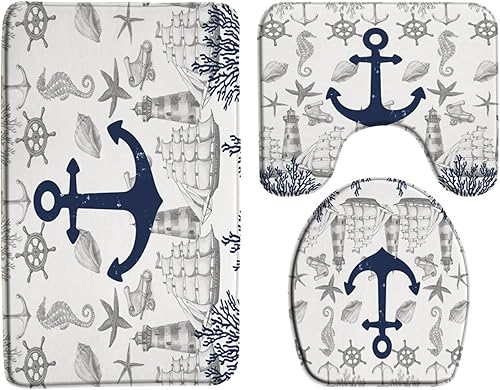 Miniatura 1 de 3 alfombrillas náuticas de anclaje azul marino, vintage, océano, costero, playa, velero, lancha, timón, estrella de mar, caballito de mar, coral,