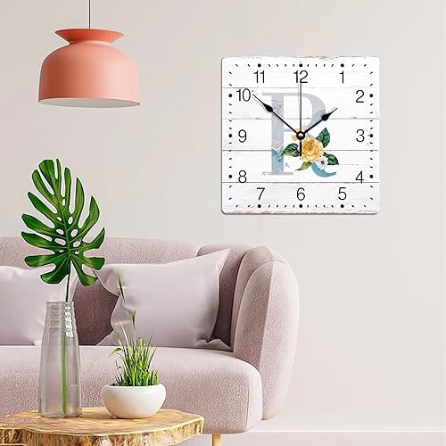Miniatura 3 de Reloj de pared de PVC con letra inicial R, monograma y apellido de girasol, 12 pulgadas, cuadrado, silencioso, sin tictac, divertido reloj colgante