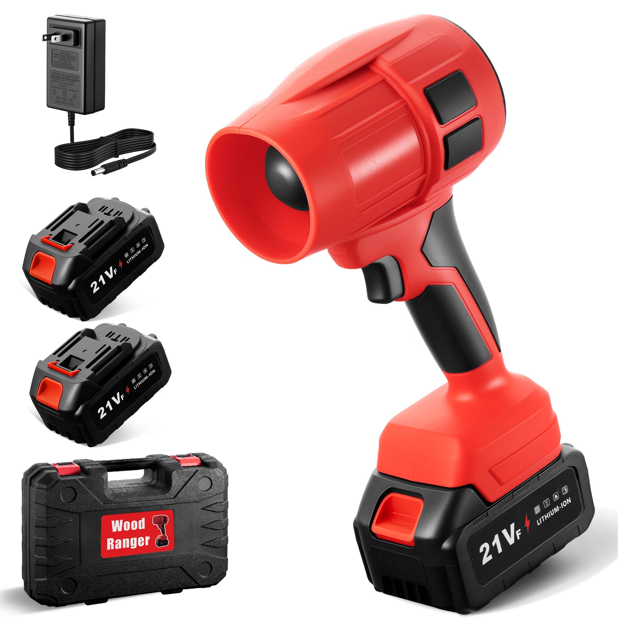 Soplador de hojas eléctrico, soplador de hojas inalámbrico de 21 V, 2 baterías de 4.0 Ah, soplador eléctrico de mano, ideal para limpieza de patio, mantenimiento del césped y soplar hojas