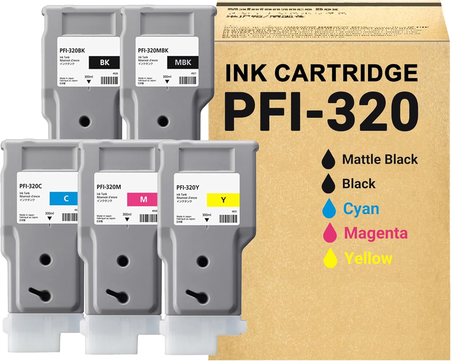 LCL PFI-320 PFI320 300ml Ink Cartridge Replacement for Canon PFI-320MBK PFI-320BK PFI-320C PFI-320M PFI-320Y Compatible with imagePROGRAF GP-200 GP-300 TM-200 TM-205 TM-300 TM-305 Printers (MBK/KCMY)