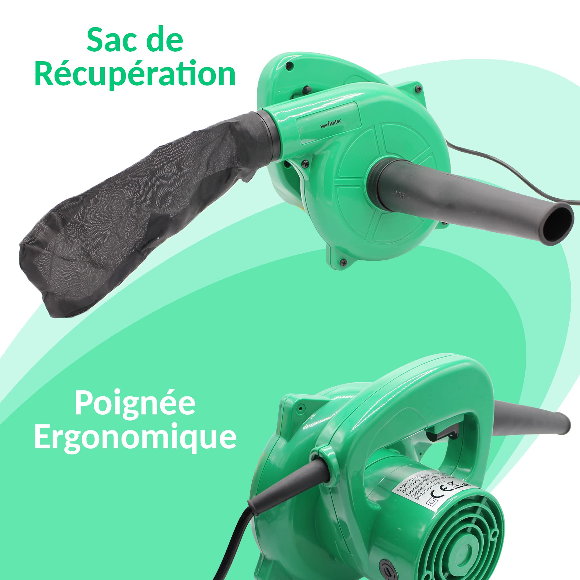 FISHTEC - Mini Soffiatore di Foglie Elettrico - Reversibile in Aspirapolvere con Sacchetto di Recupero - Lunghezza Cavo 2M - 500 W - 40CM - Verde - Compatto, Pratico e Leggero - Giardino
