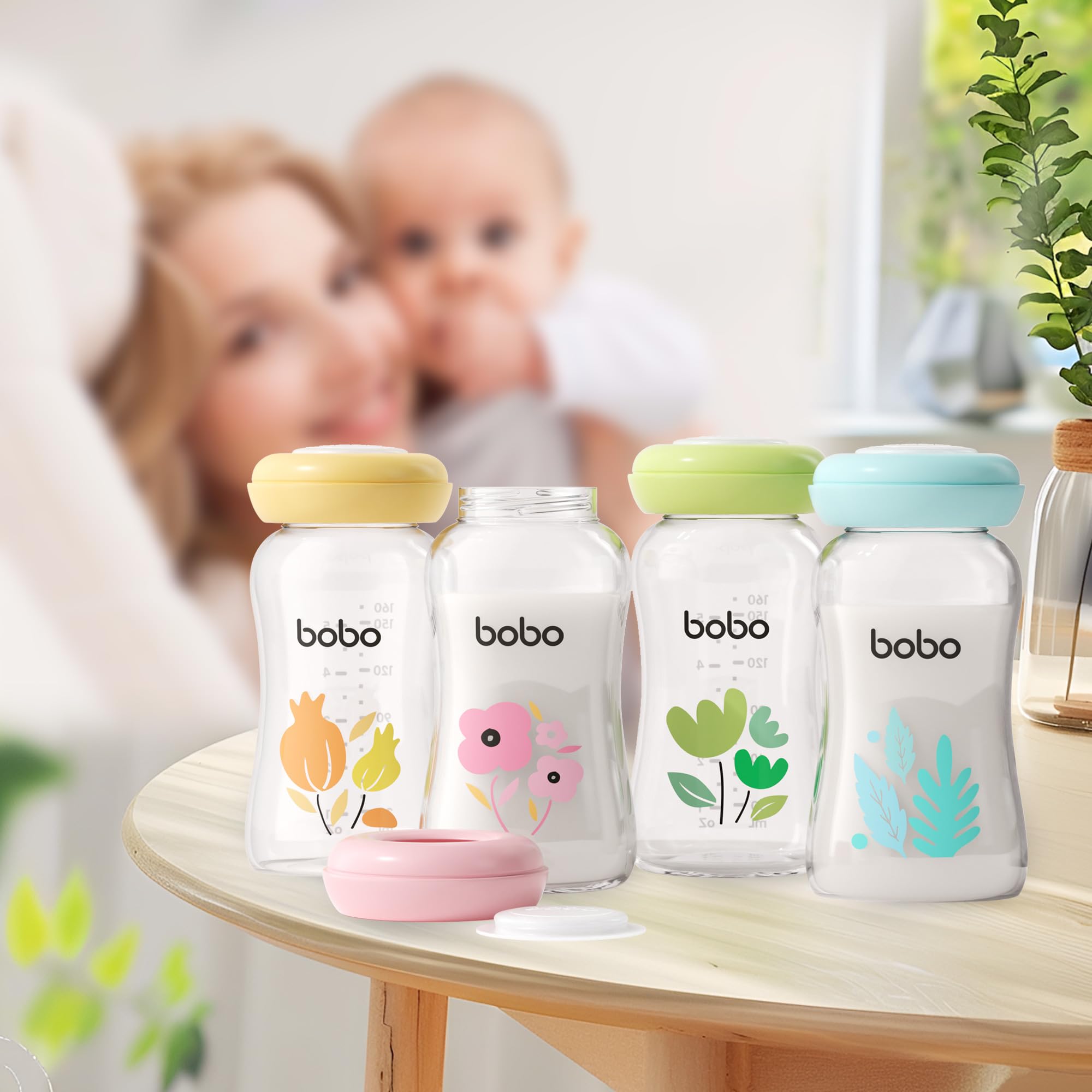 YOHKOH Botellas de cristal premium para leche materna, 4 x 160 ml, para almacenamiento seguro de leche materna, apto para lavavajillas, congelador y microondas (4 unidades, 160 ml), color amarillo