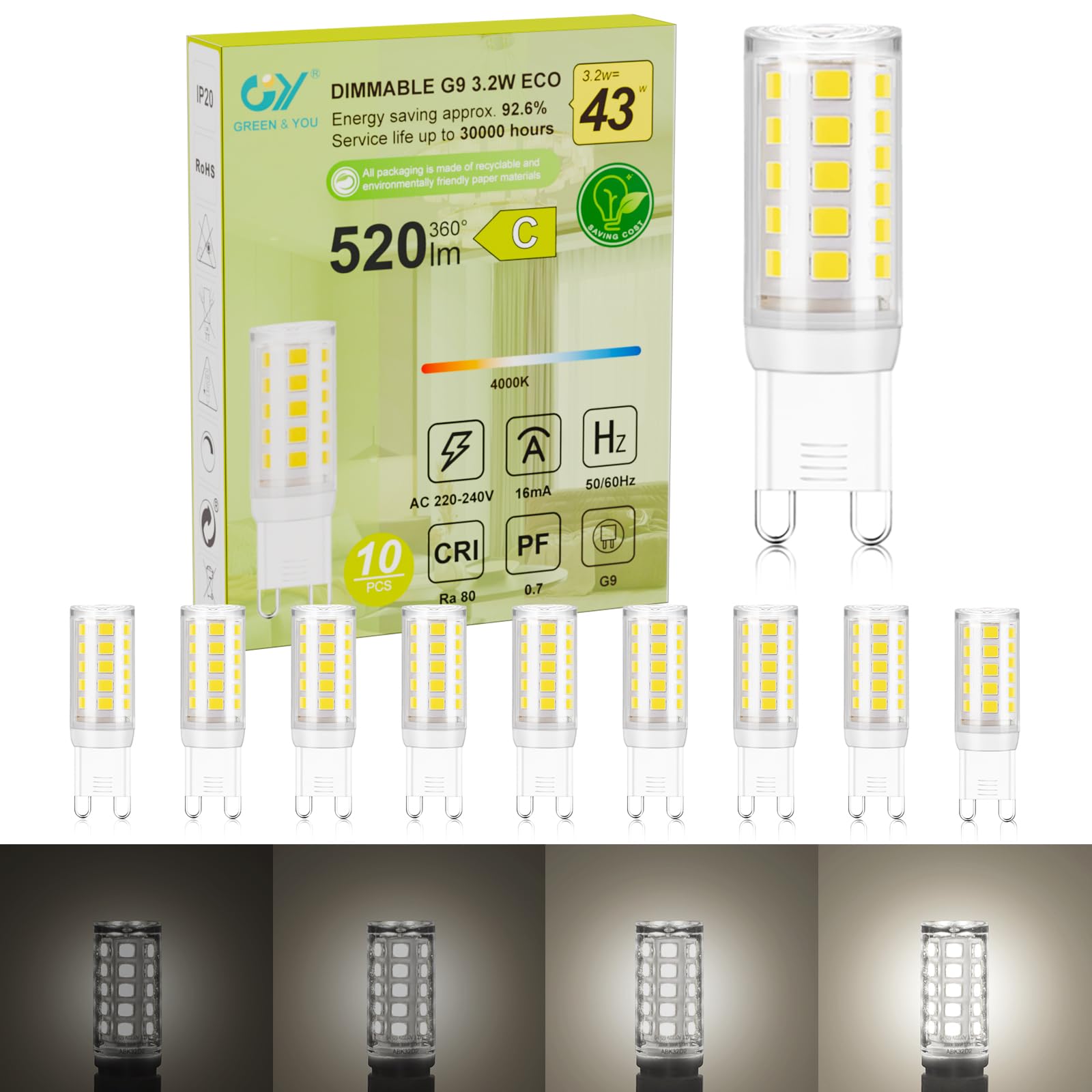 GY G9 LED Lamp Dimmable Neutral White 4000K, 3.2W Equivalent to 43W, 520 Lumens, LED Light Bulb, Energy-Saving Mini Light Bulb, No Flickering, LED Bulb for Indoor Lighting, 10 PCS