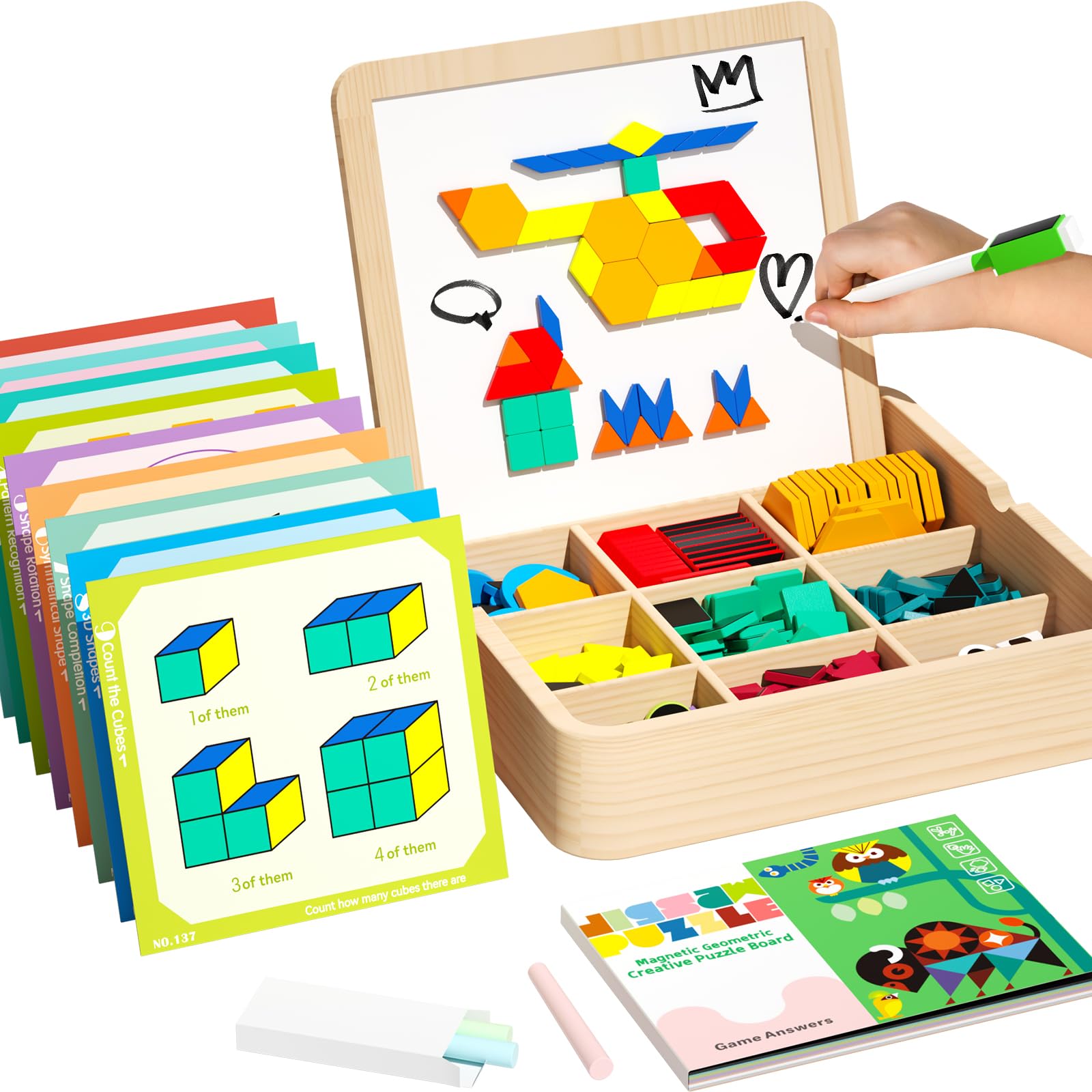 Juego de Tangram magnético de Madera Montessori con 248 Piezas, Juegos educativos Stem para niños de 4 a 8 años, Rompecabezas creativos con Tarjetas y Marcador