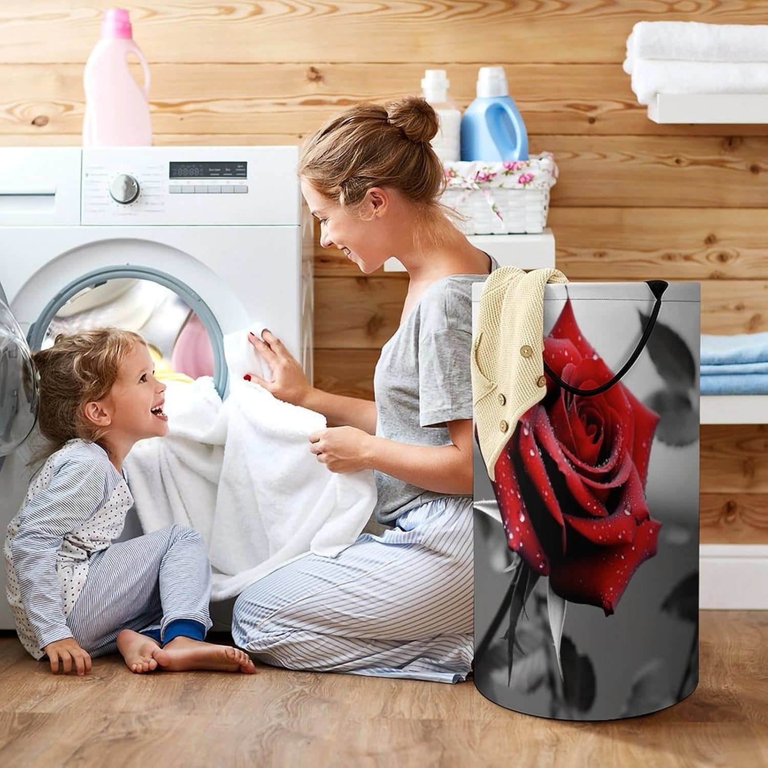 Black And White Red Rose Laundry Basket Freestanding Laundry Hamper with Handles Waterproof Dirty Clothes Hamper Collapsible Washing Bin Aesthetic Clothes Basket for Bathroom Bedroom Dorm