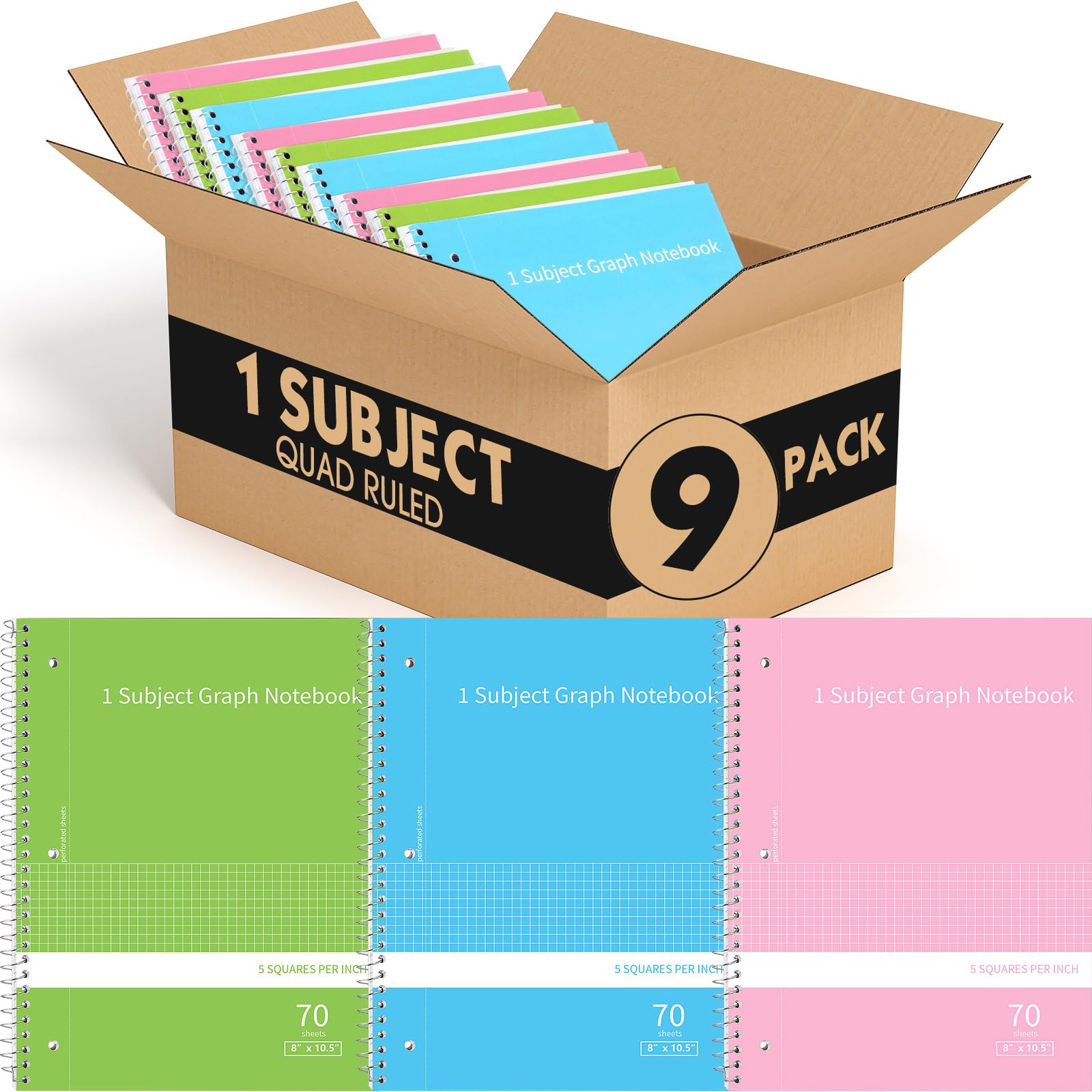 Jetec 9 Stück karierte Notizbücher mit Spiralbindung, 20,3 x 25,4 cm, kariert, 70 Blatt, Grafikpapier für Mathematik, Ingenieurwesen, Arbeit, Schule und Labor, 12,7 x 25,4 cm, 3 Farben