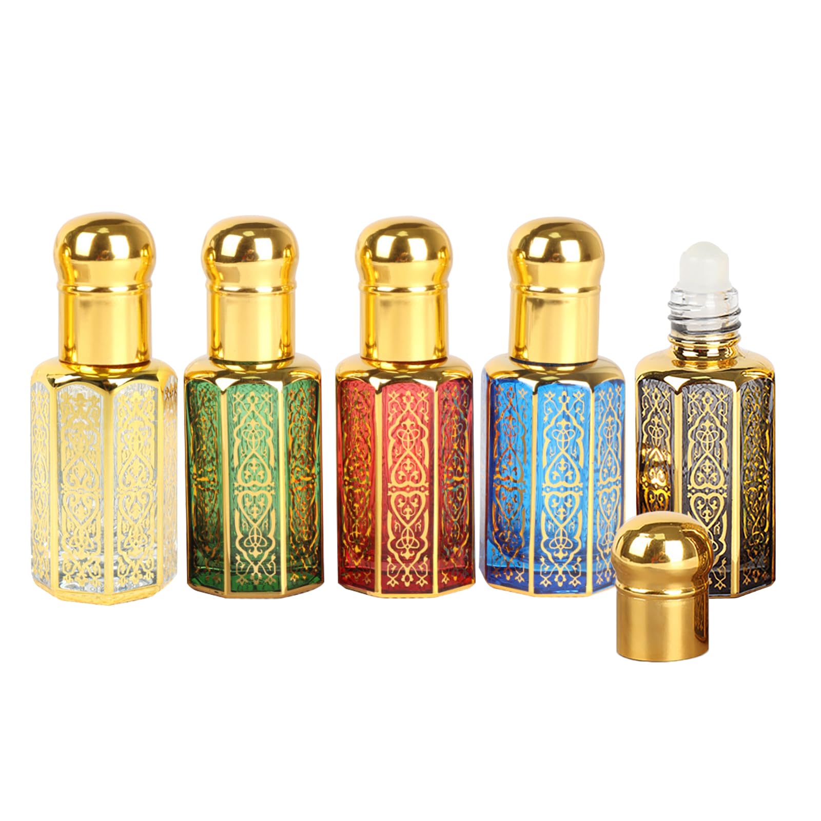 Lot de 12ml 5 Bouteilles D'huile Vintage, Bouteilles en Verre Roll-on Vides Huile Essentielle, Rechargeable Rouleaux D'huiles Essentielles Flacon Verre Bille