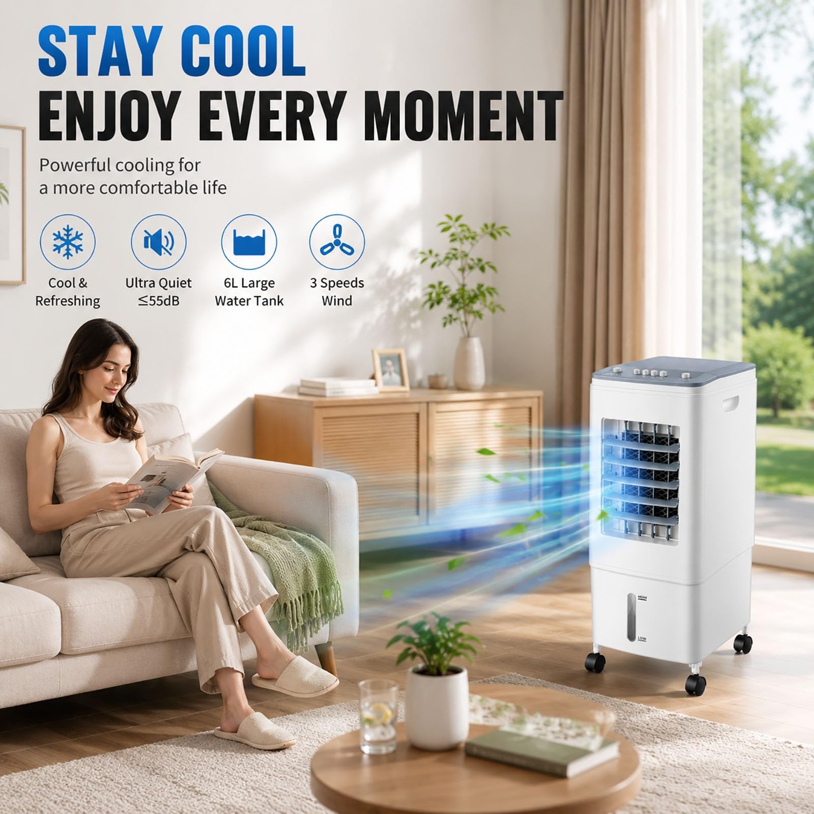 Climatizador Evaporativo, Ventilador de Torre Portátil 4 en 1, Tanque de 6L, 3 Velocidades y Modos, Oscilación 120°, Enfriador de Aire Silencioso con 4 Acumuladores de Hielo
