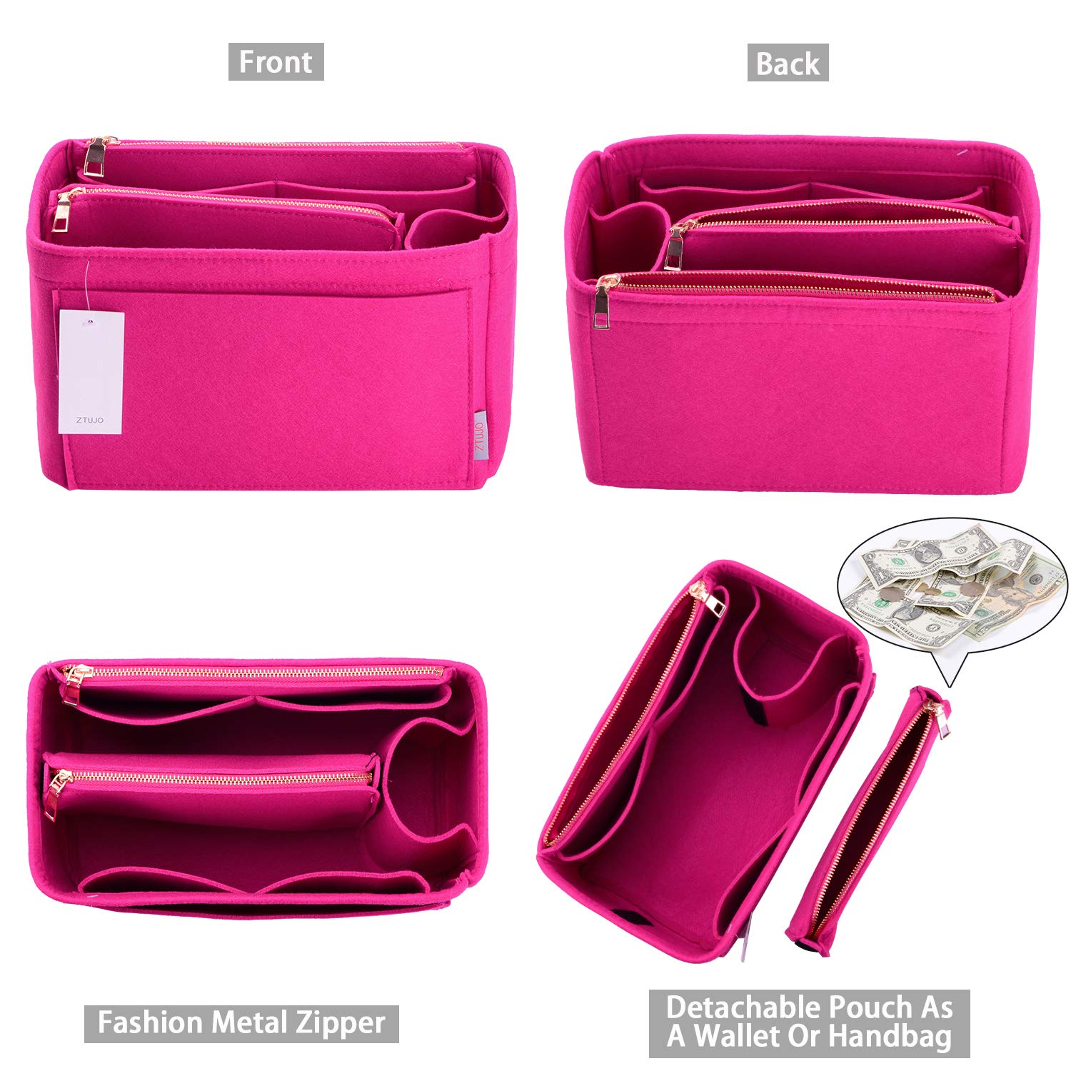ZTUJO Organizador de bolso, organizador de bolsa de fieltro para LV Speedy, Neverfull, Graceful, Neverfull, Tote, Bolso, Shaper, Rojo (Rosado), Medium