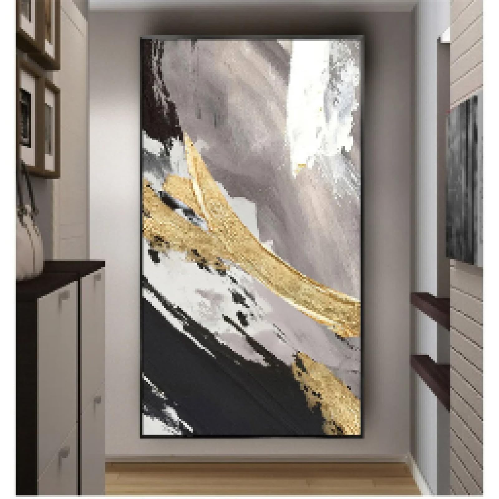 YAJNILUCK Modny abstrakcyjny obraz do dekoracji domu piękne obrazy olejne złotoszara tekstura płótno sztuka ścienna farba nowoczesny plakat 80 x 160 cm (31 x 63 cale) z ramą