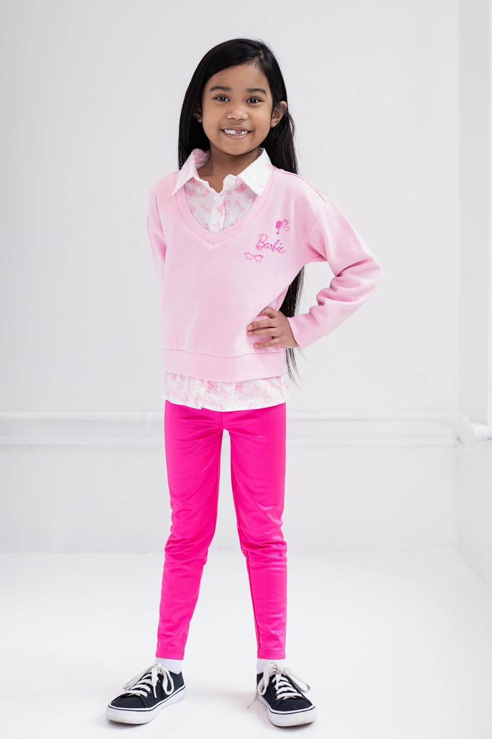 Barbie Girls 2fer Drop Shoulder Fleece Sweatshirt and Leggings Outfit Set Toddler to Big Kid Sizes (2T - 14-16) - Image 2