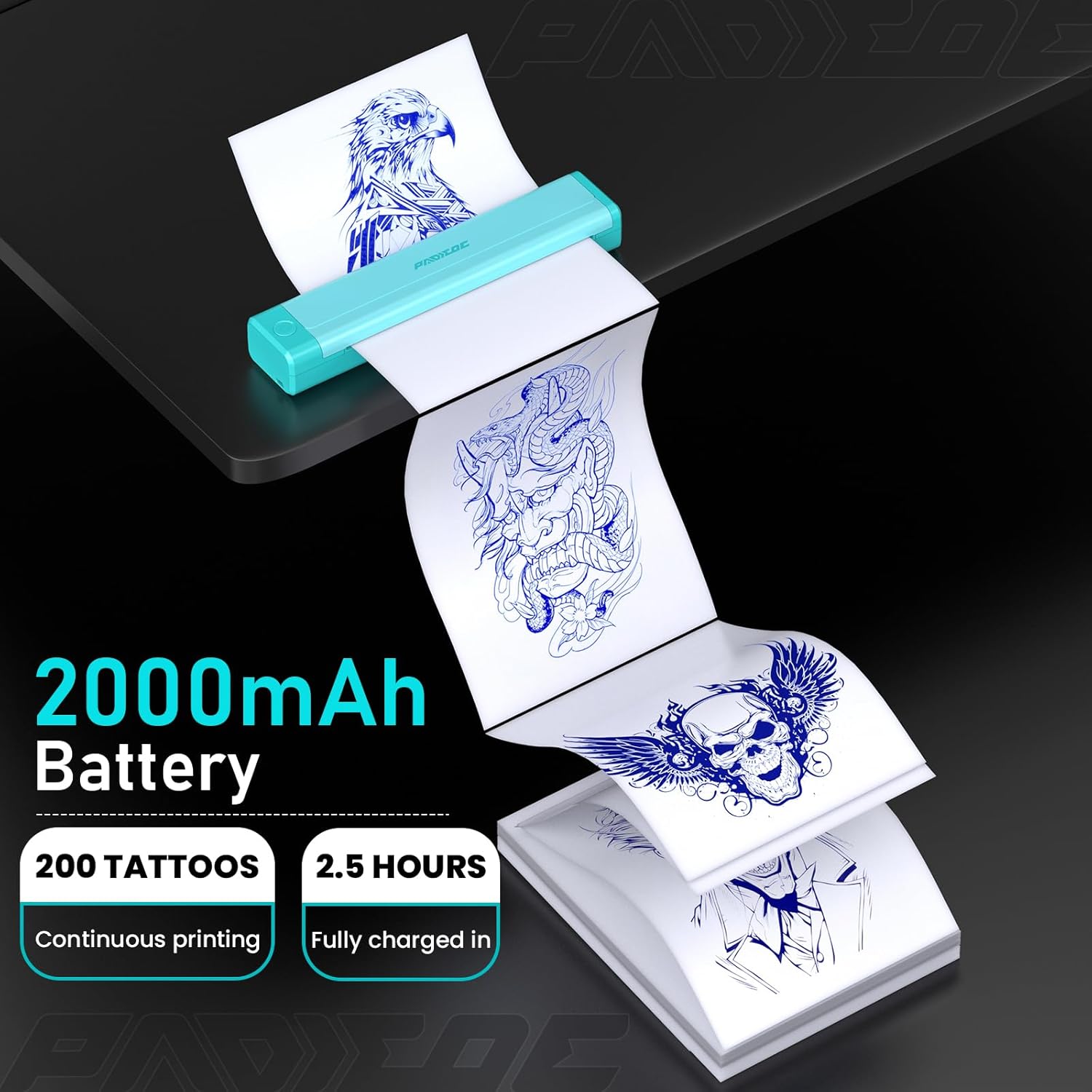 Padieoe Tattoo Stencil Printer, 2000mAh Wireless Thermal Tattoo Printer with 10PCS Transfer Paper, Compatible with Phone/Tablet/PC, Portable Thermal Transfer Machine for Tattooists & Beginners