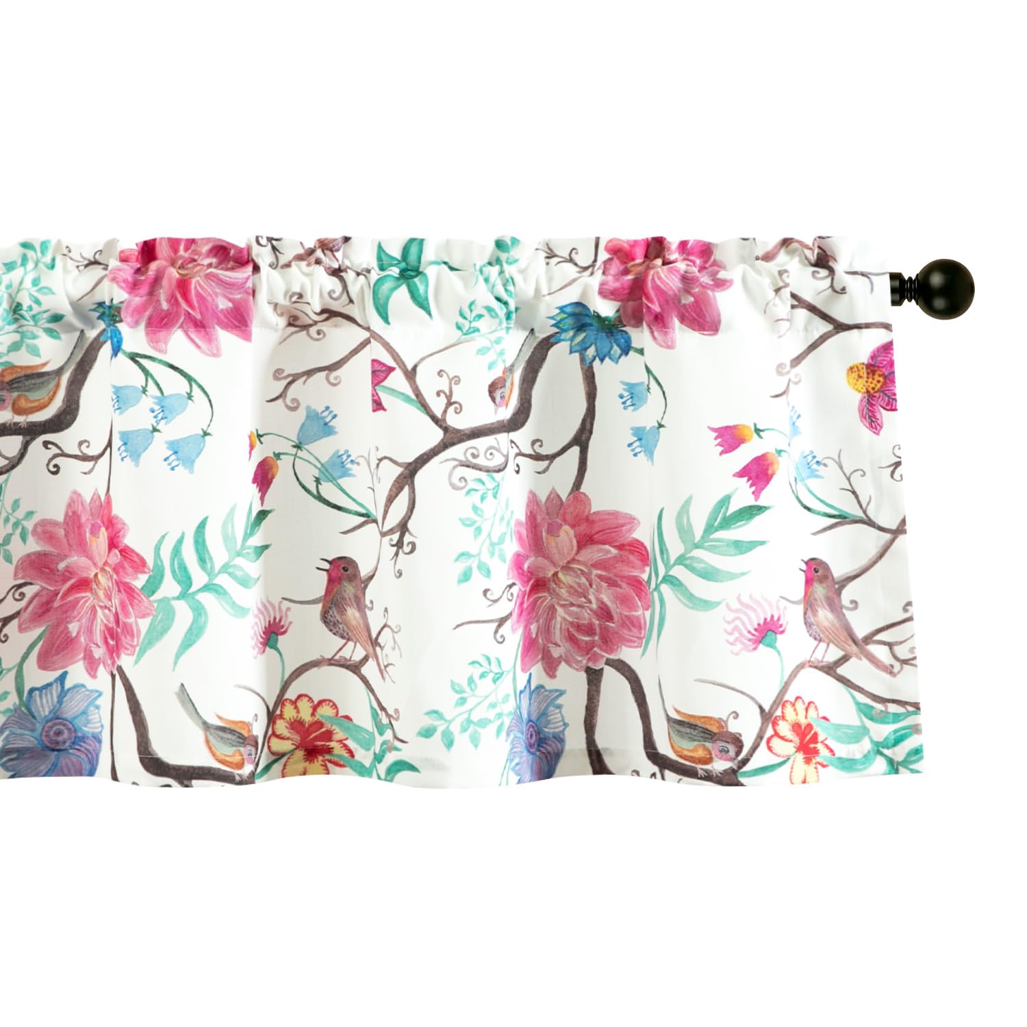 VOGOL Farmhouse Style Kitchen Curtains Valance, Faux Linen Bird Flower Pattern Window Topper for Bathroom, Decorative Rod Pocket Valances for Living