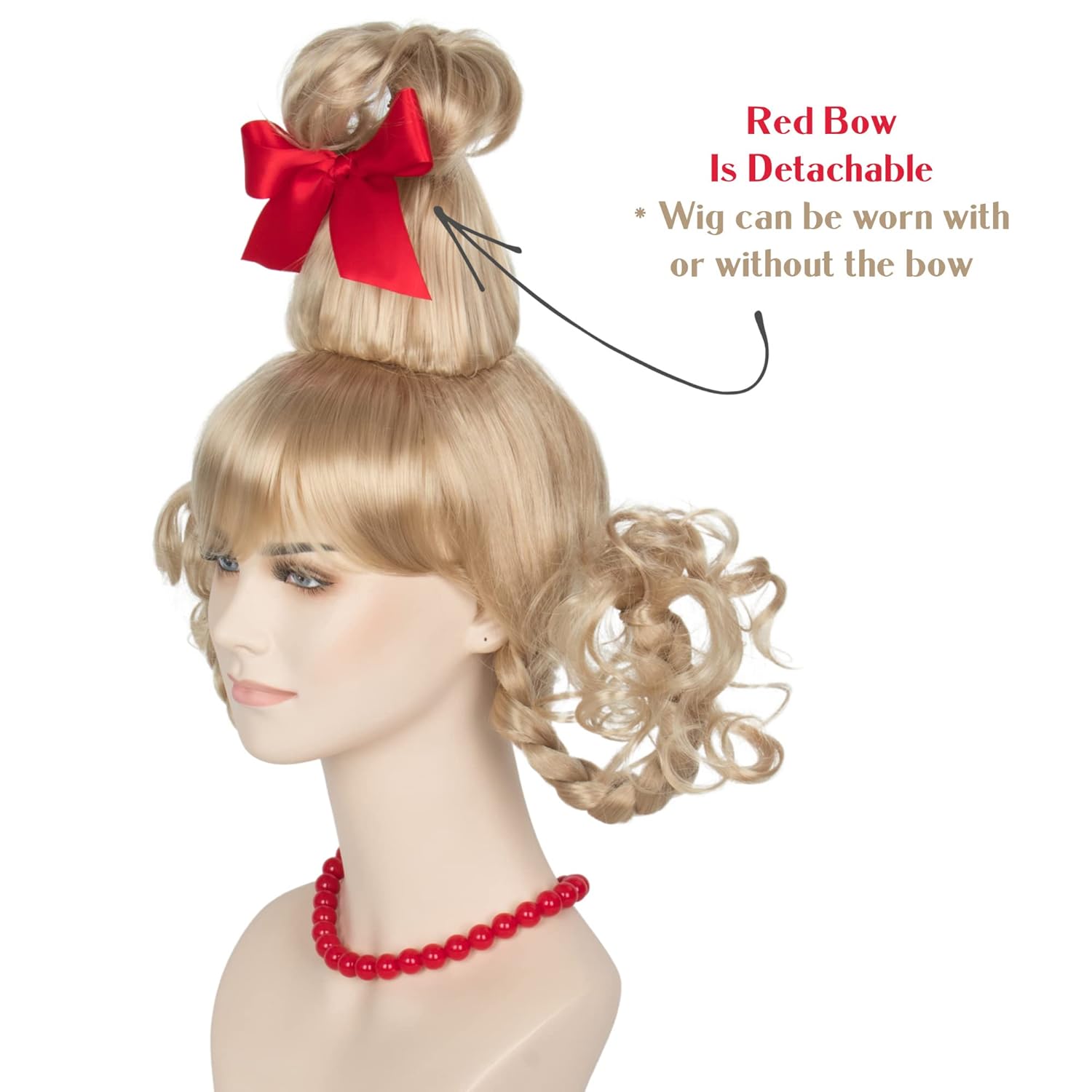 Christmas Blonde Wig with Red Bow and Necklace Girls Women Long Braids Christmas Costume Wig Accessory - Image 4