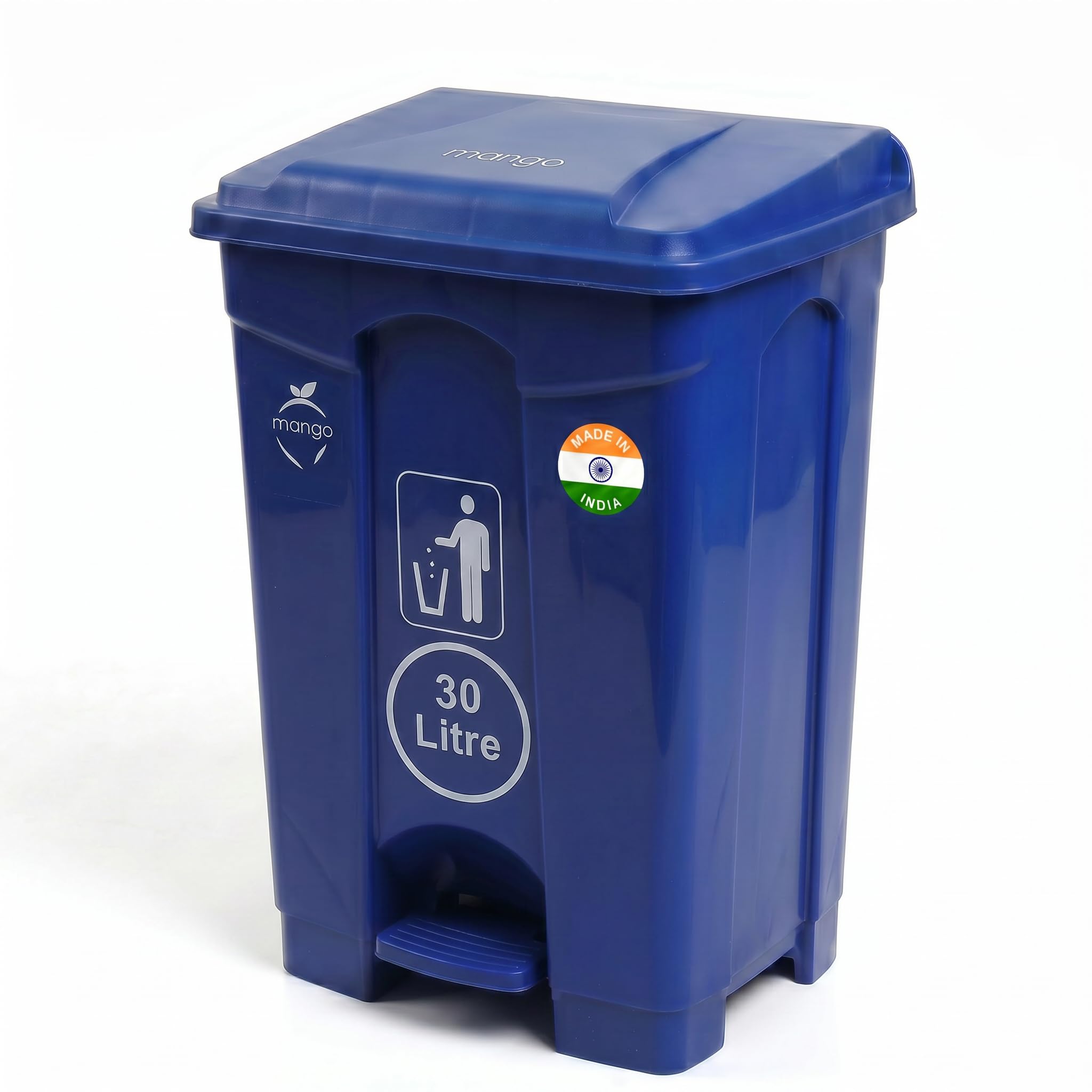 MPL MANGO 30L pedal dustbin with lid, heavy duty plastic garbage bin, hands-free step-on waste bin for kitchen, office, home, hotel, bathroom & outdoor use, 49 × 35 × 34 cm (Blue)