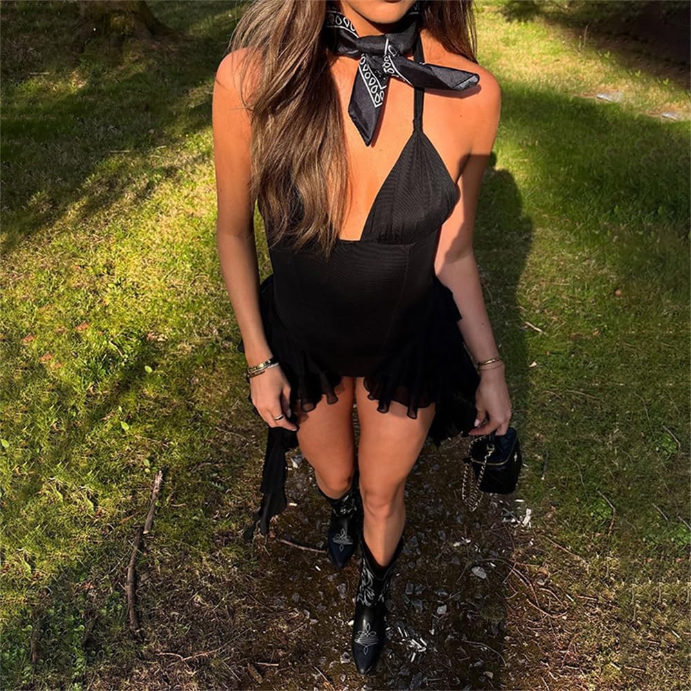 ksotutm Women Spaghetti Strap Romper V Neck Backless Ruffle One Piece Shorts Jumpsuits Playsuit - Image 5