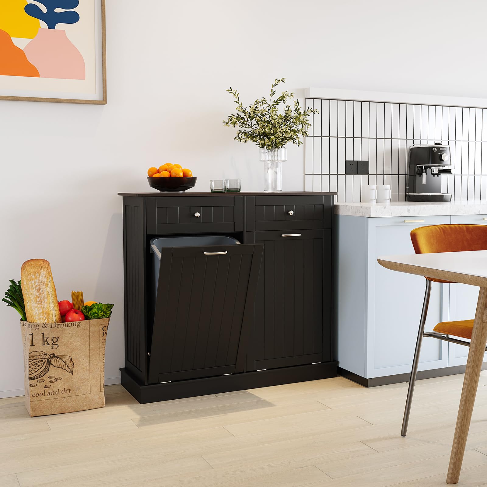 Double Tilt Out Trash Can Cabinet, Recycling 20 Gallon Garbage Can Cabinet with Drawer for Kitchen, Free Standing Tilt Out Laundry Hamper, Black