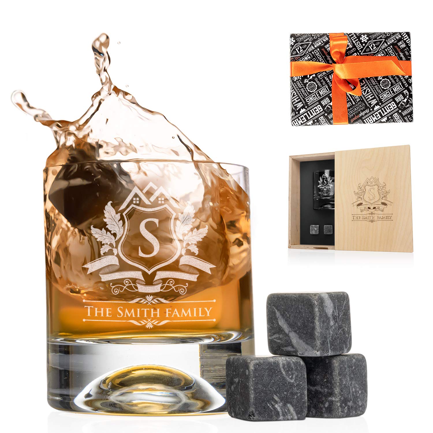 Personalised Whiskey Gift Set. Engraved Glass, Customised Wood Storage Box and 3pcs Whiskey Cooling Stones Set. Perfect Groomsmen Gift. Great Gift for Father's Day. (Design#2)