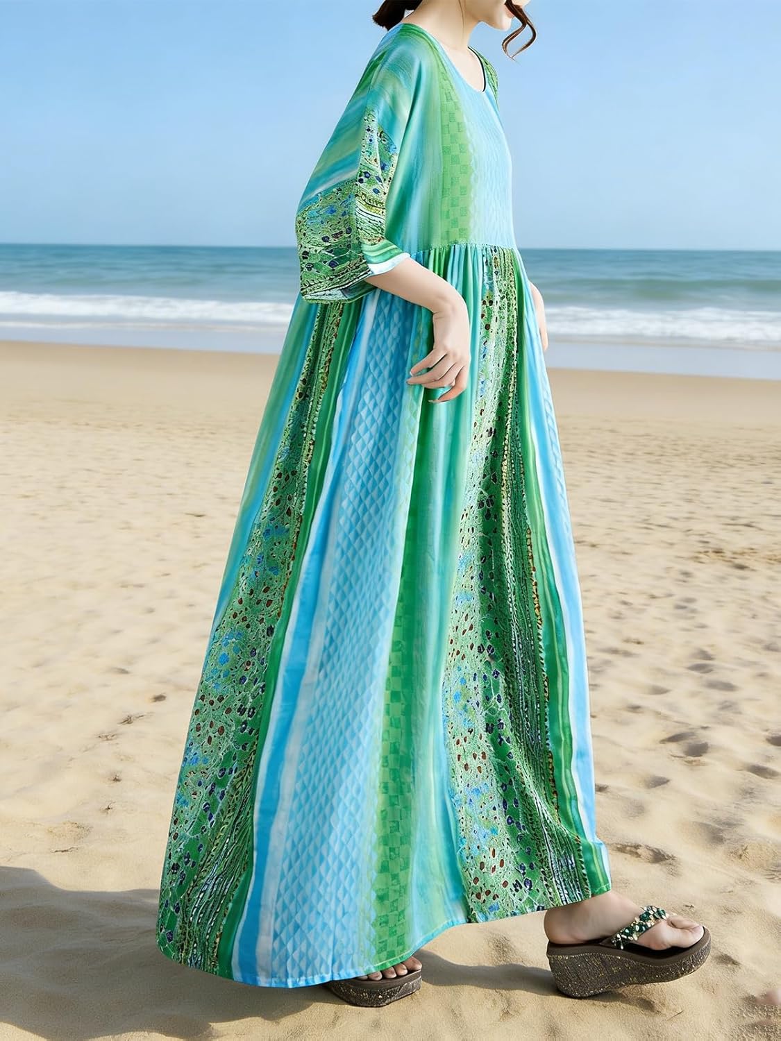 Women Summer Dress with Pockets Plus Size Boho Floral Print Round Neck Loose Casual Flowy Dress - Image 5