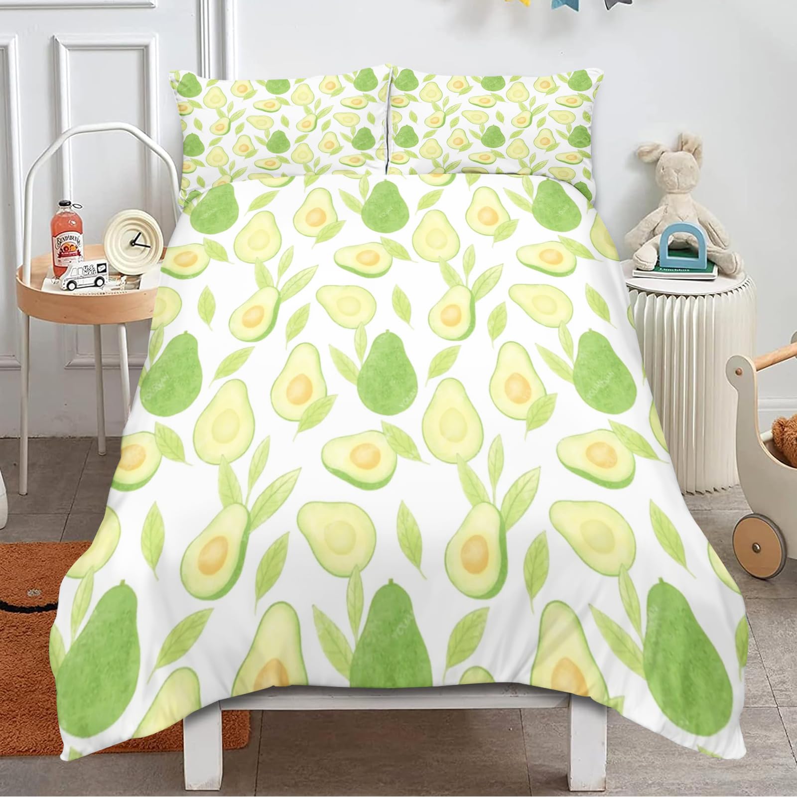 KIDSLOVE Avocado Pościel 135 x 200 cm, wzór z kreskówki, awokado, zestaw pościeli dla dzieci, śliczny awokado, zestaw pościeli z nadrukiem 3D, 100% mikrofibra, awokado (3, 135 x 200 cm, 50 x 75 x 1)