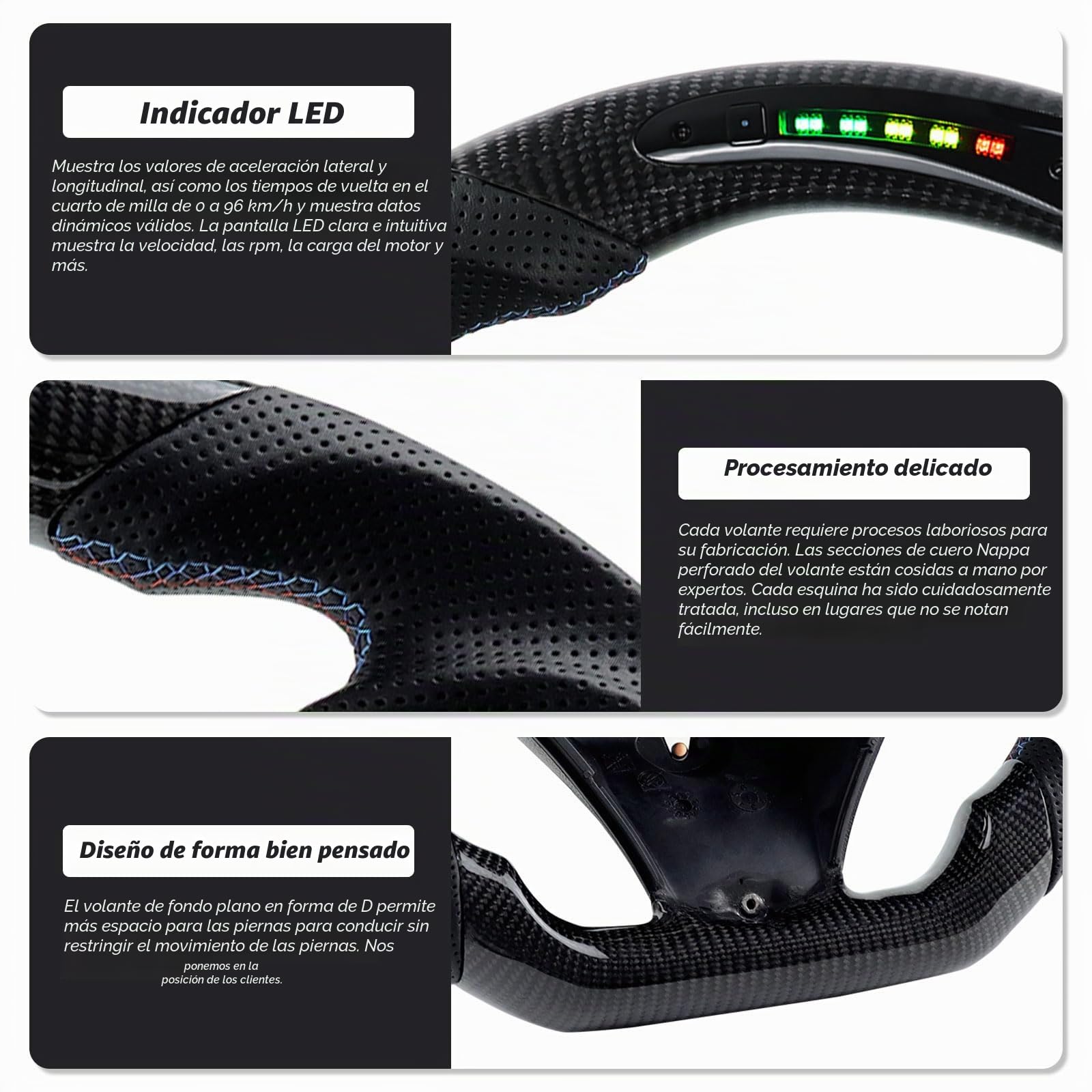 Volante de fibra de carbono, volante de piel en forma de D, base plana, indicador LED de conmutación para BMW M Sport 1/3 Series M3/E88 E90 E91 E92 E93 2005-2012