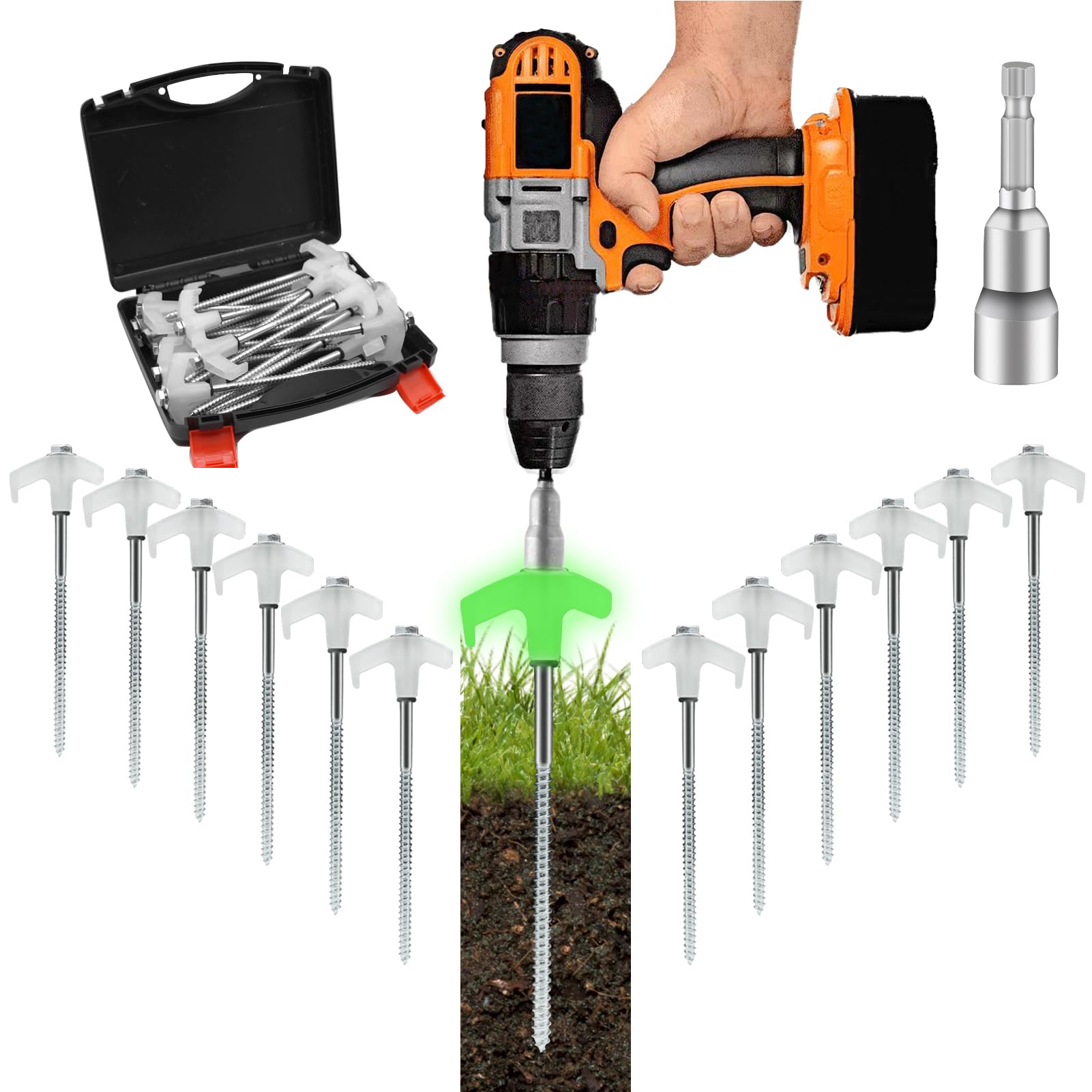Lot de 20 piquets de tente phosphorescents de 20,3 cm, piquets de tente robustes en métal pour camping, terrasse, jardin, auvent, prairie (outil hexagonal et étui de transport)