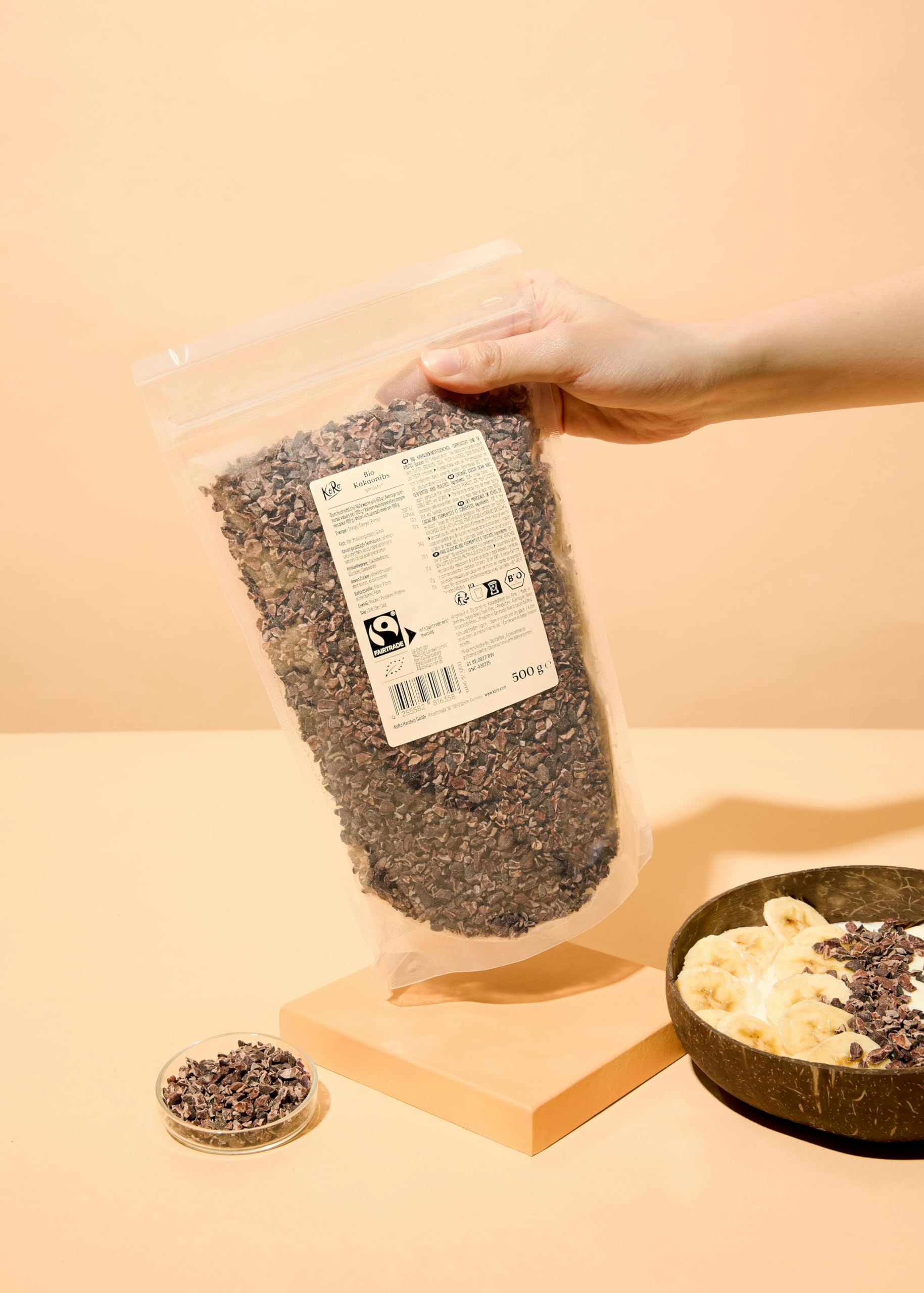 KoRo - Grués de cacao Fairtrade bio 500 g - Fèves décortiquées et torréfiées - Goût chocolaté - Riche en fibres