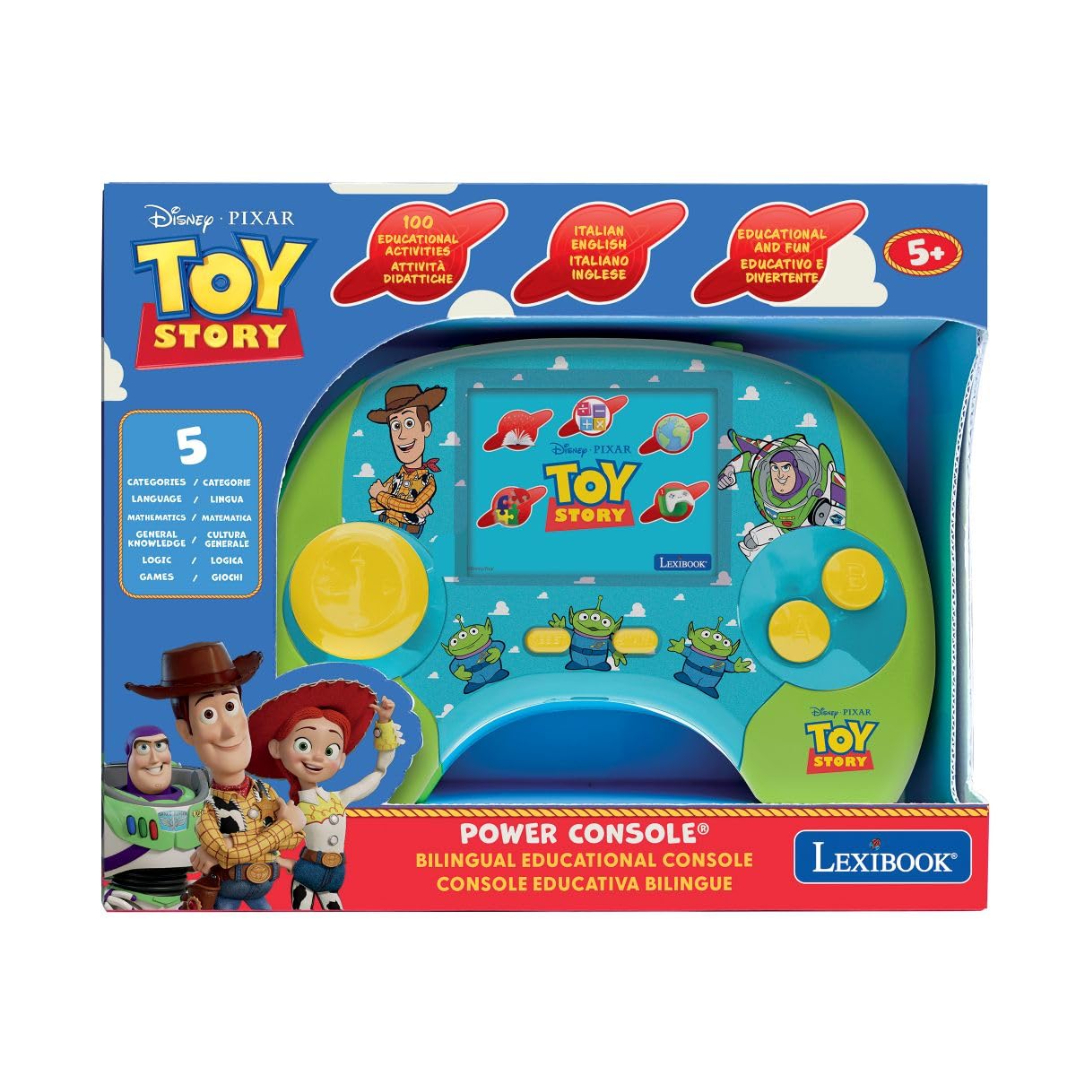 Lexibook, Disney Toy Story, Console di Giochi educativi parlanti bilingue Italiano e Inglese, 100 attività, Schermo LCD 2,8"/7 cm, Batteria Ricaricabile, USB-C, Verde, JCG100TSi5LXB