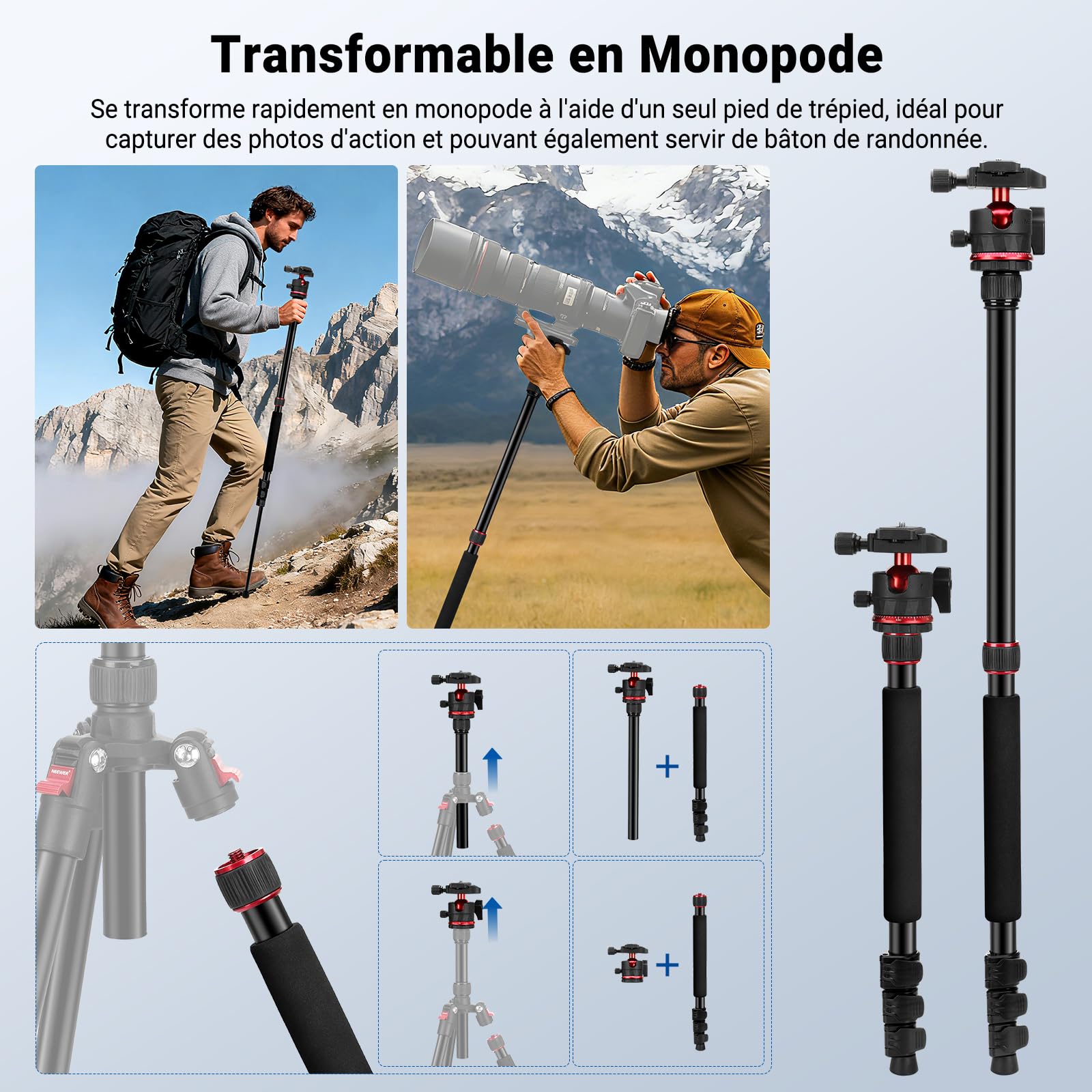 NEEWER Basics 72'' Trépied Monopode de Voyage pour Appareil Photo，Support Compact et Léger pour d'enregistrement vidéo Portable, Rotule Arca, Compatible avec iPhone Portable,Max Load 13.2 LB, TP14B