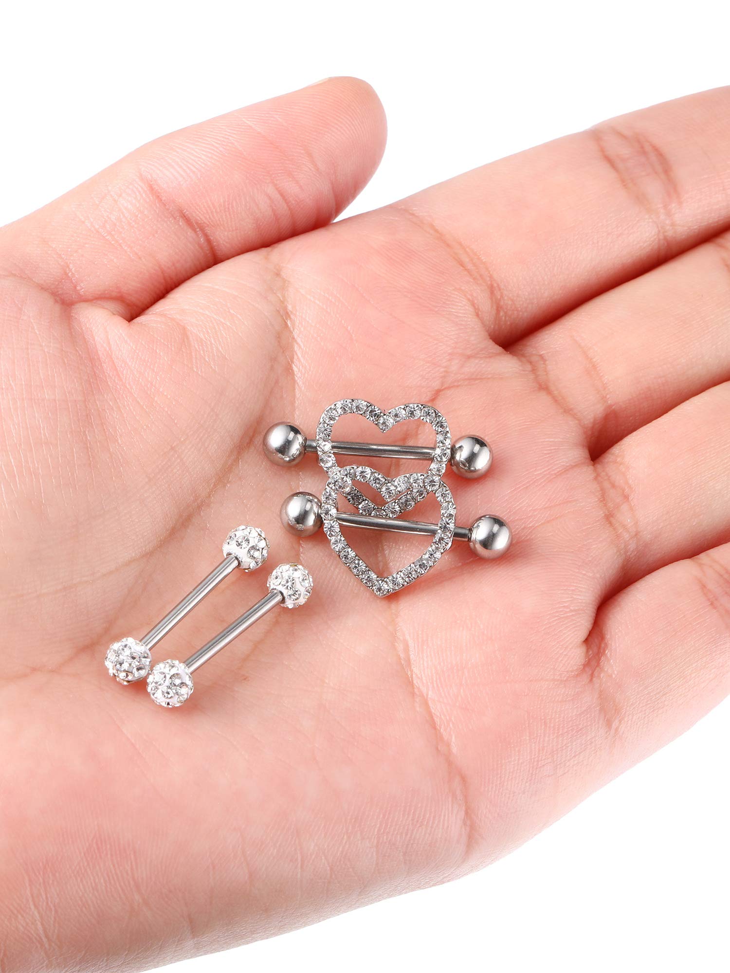 2 pares de anillos de pezón de acero inoxidable con circonita cúbica con diamantes de imitación para pezón, piercing corporal, 14 G, Acero inoxidable y diamantes de imitación 4
